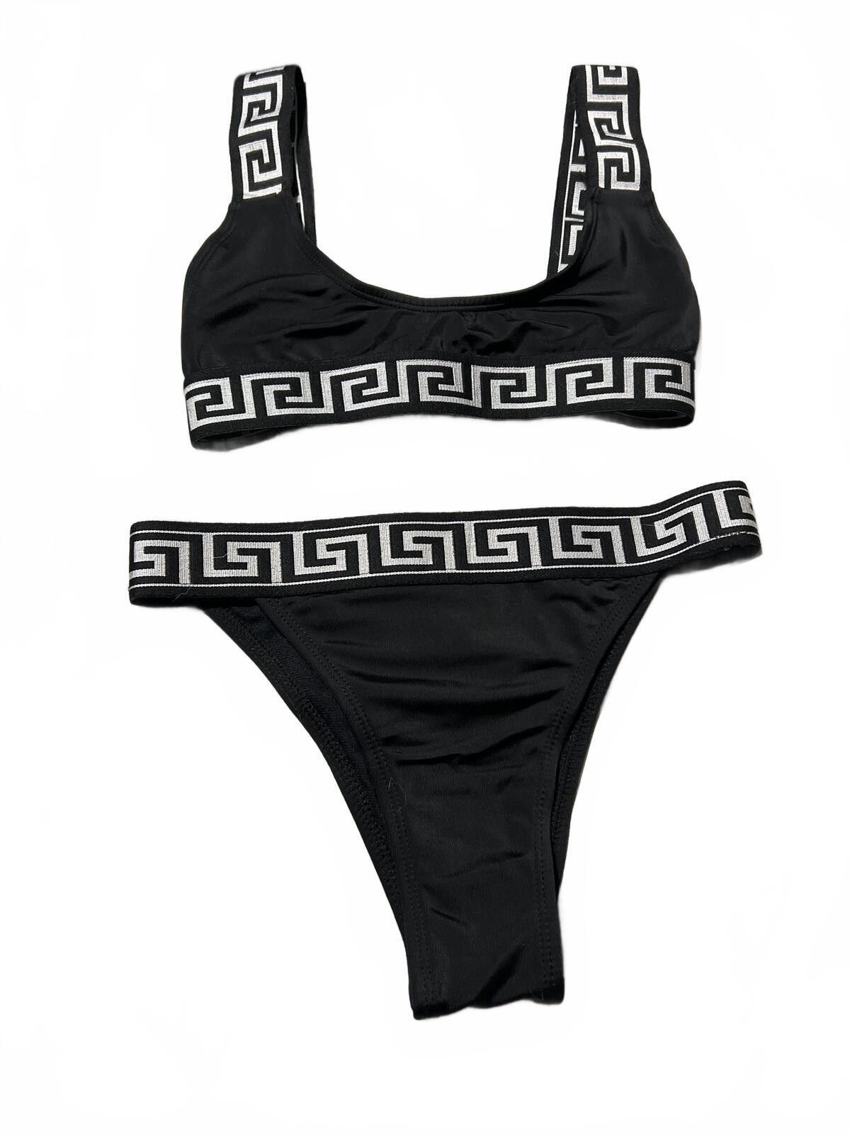 Other Prettylittlething Black Bikini Swimsuit Greek Key Pattern 2 Size ONE SIZE - 2 Thumbnail
