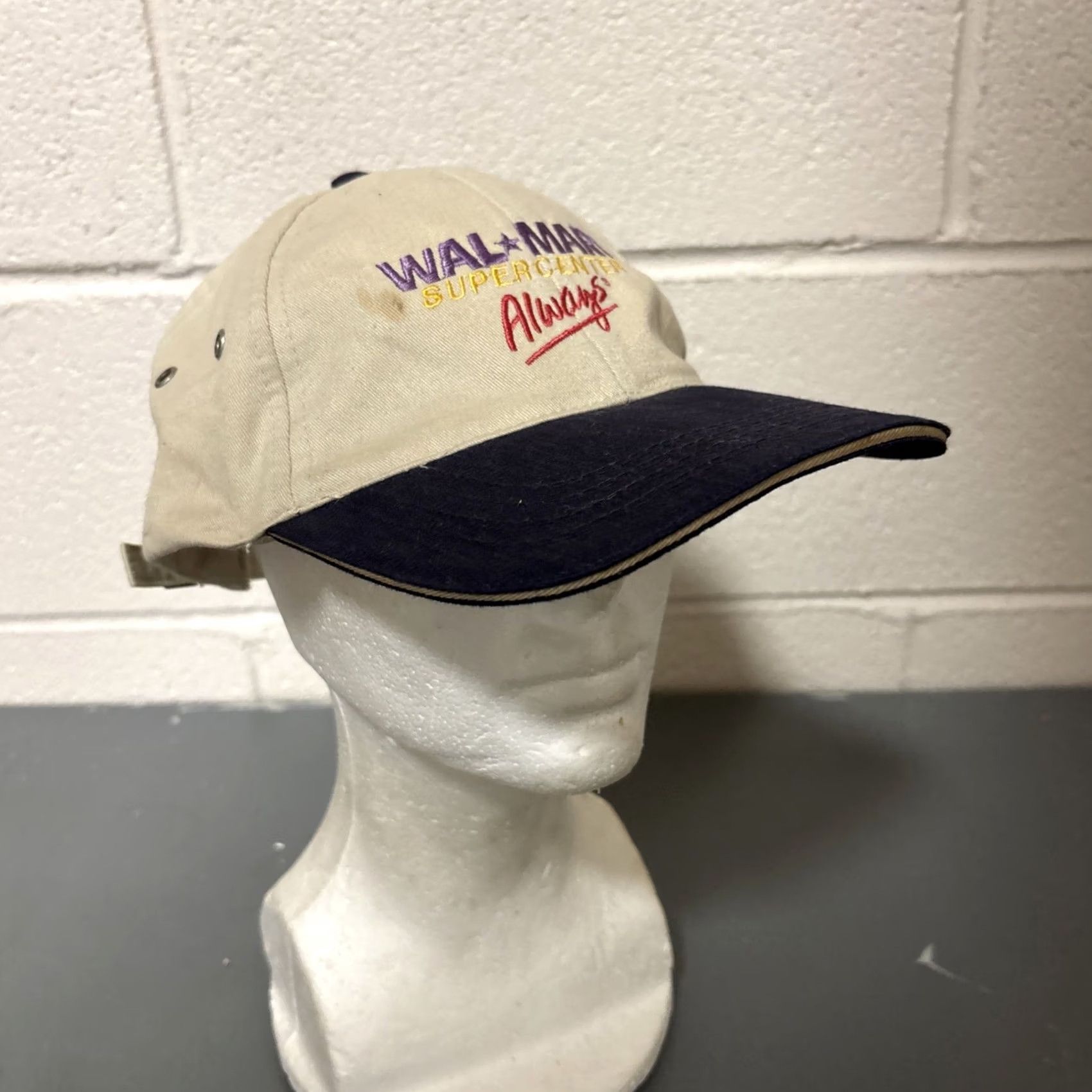 Walmart VINTAGE Walmart Supercenter Hat Cap Beige Blue Embroidered Advertising 90s Mens Size ONE SIZE - 2 Thumbnail