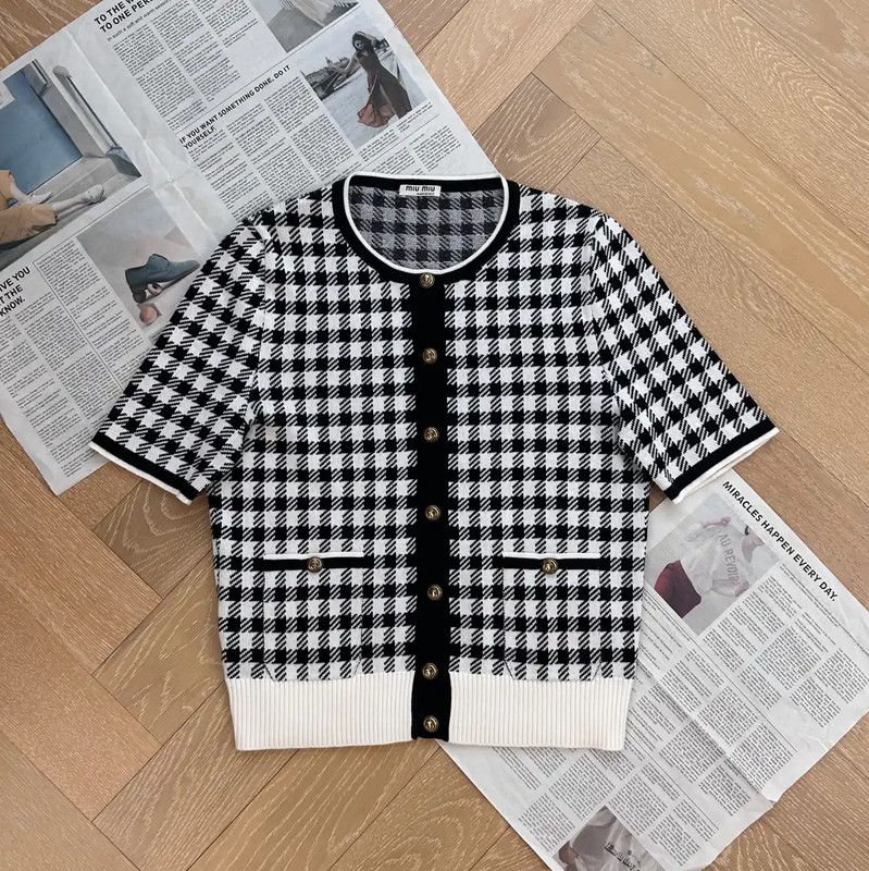 Miu Miu Miu Miu Black Checked Short Sleeve Cardigan 0089 Size L / US 10 / IT 46 - 1 Thumbnail