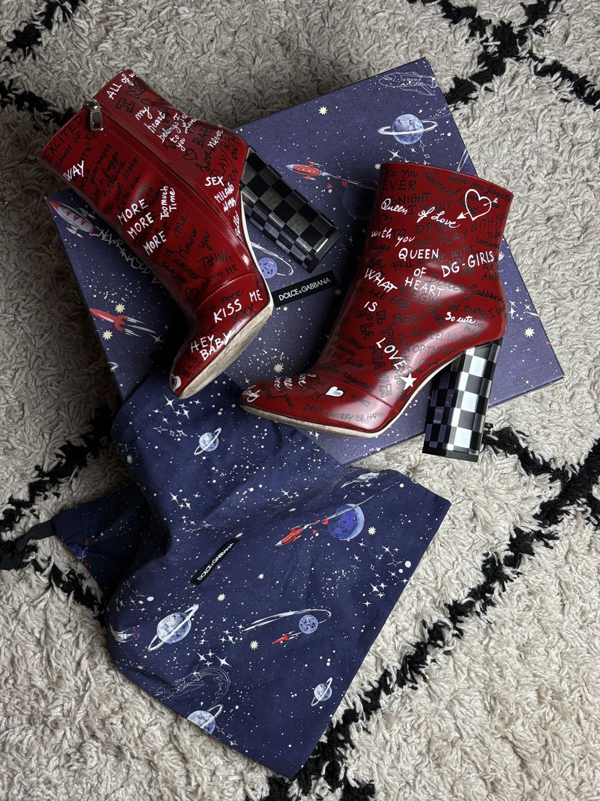 Dolce & Gabbana Patent Leather Graffiti Ankle Heeled Boots