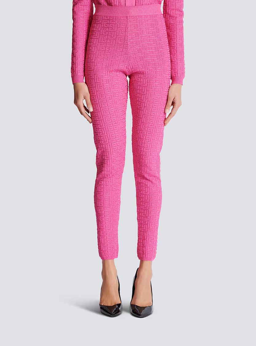 Balmain o1s1wg110725 Knit Leggings With Monogram in Pink Size 26" / US 2 / IT 38 - 4 Thumbnail
