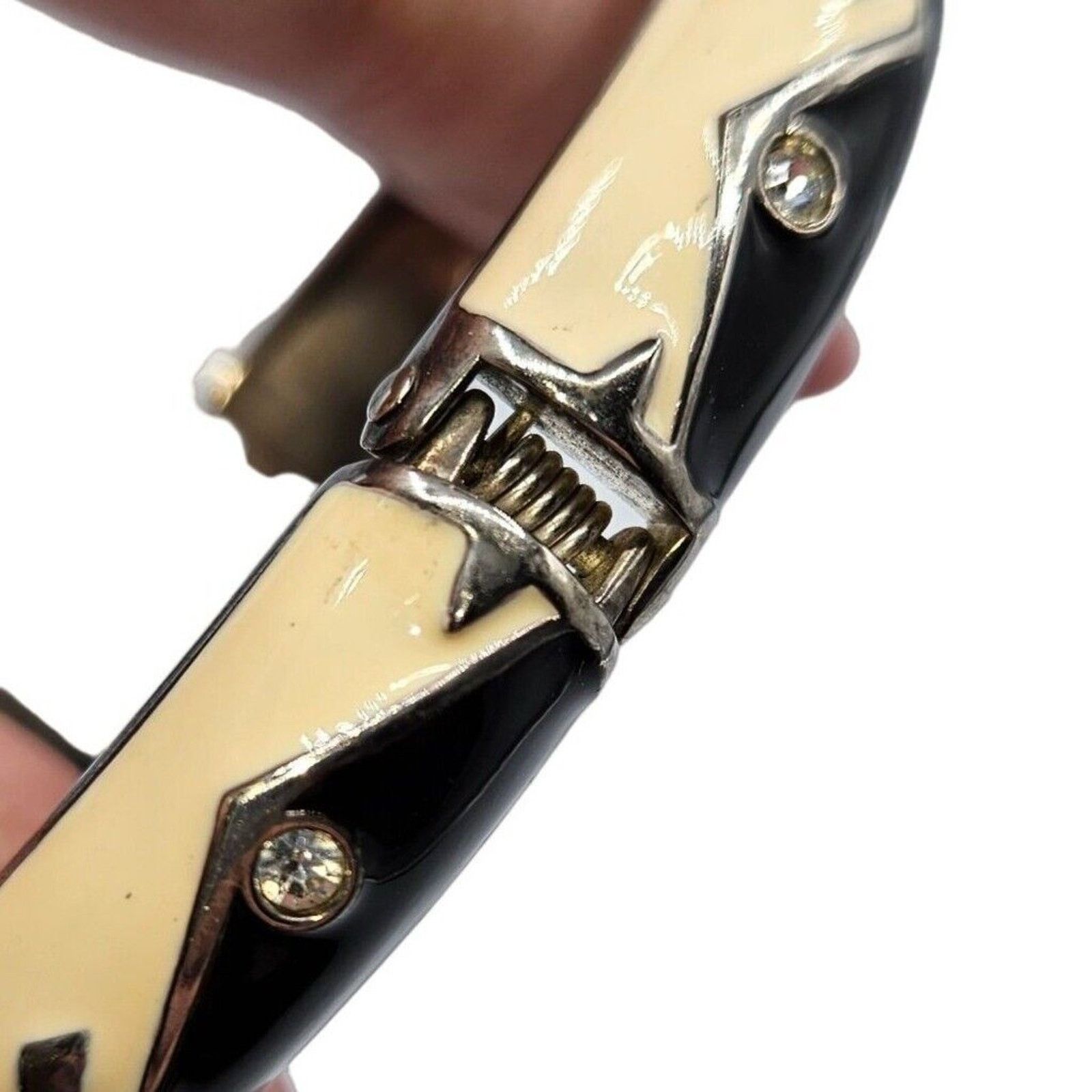 Other VTG EUC Enamel Art Deco Bracelet Trio Black Cream Silver Size ONE SIZE - 6 Thumbnail