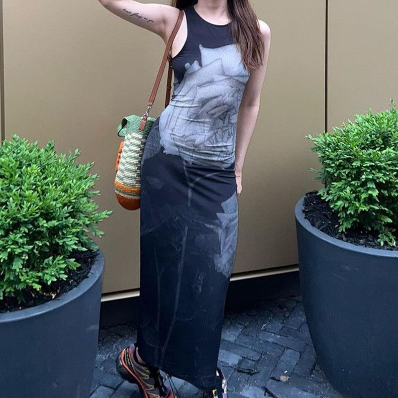 image of Vintage Street Trend Print High-Waisted Slim-Fit Dress in Grey, Women's (Size Medium)