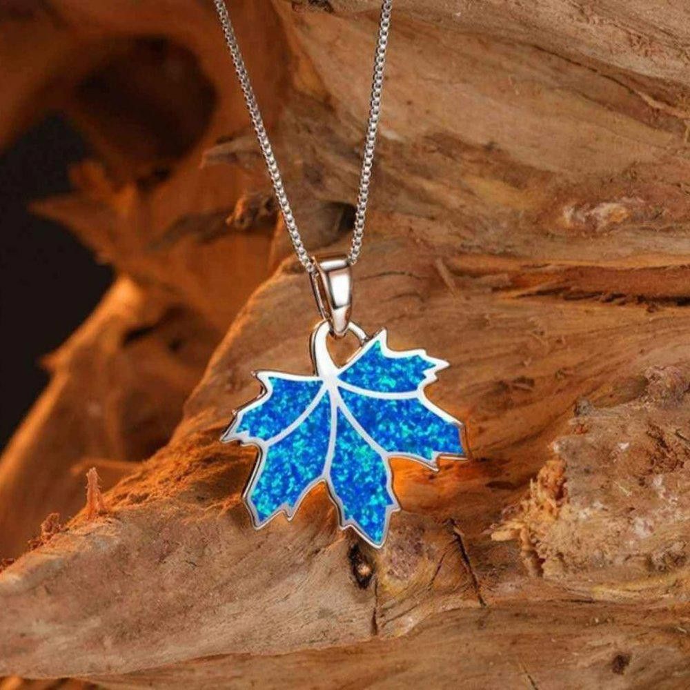 Designer Blue Opal Maple Leaf Pendant Silver Nature Necklace Size ONE SIZE - 4 Thumbnail