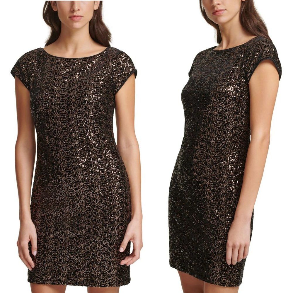 Other NWT New $138 ELIZA J Sequin Velvet Cap Sleeve Black Bronze Size L / US 10 / IT 46 - 1 Thumbnail