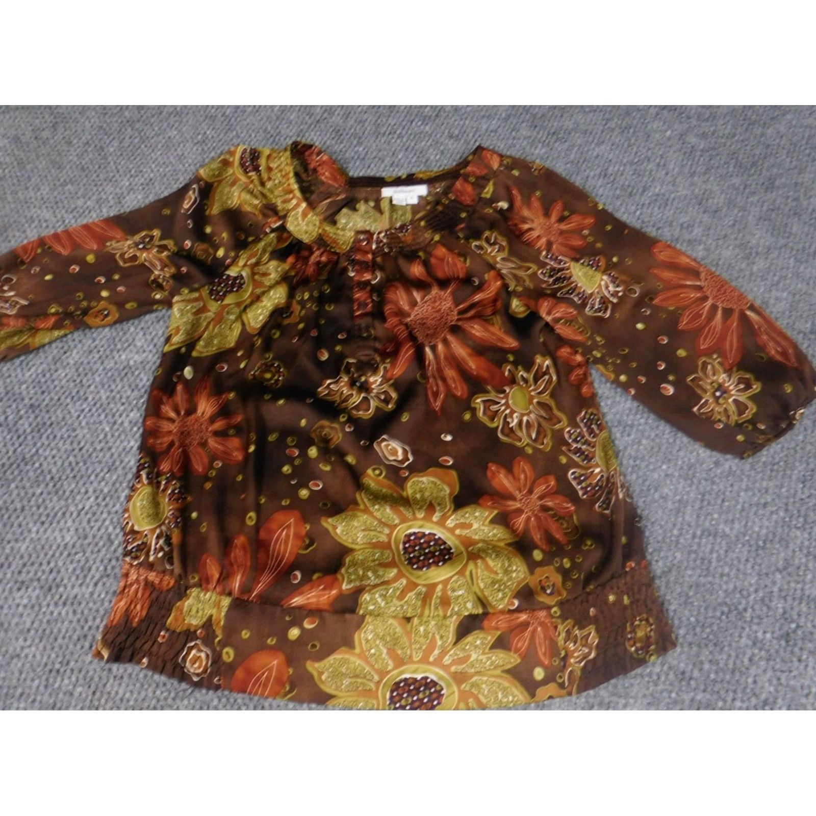 Vintage Dressbarn Womens Blouse Small Brown Floral 3/4 Sleeve Pullover Casual Ry Rayon Polyester Collared Ruffle Basic Classic Womens Regular Store Top Size S / US 4 / IT 40 - 2 Thumbnail