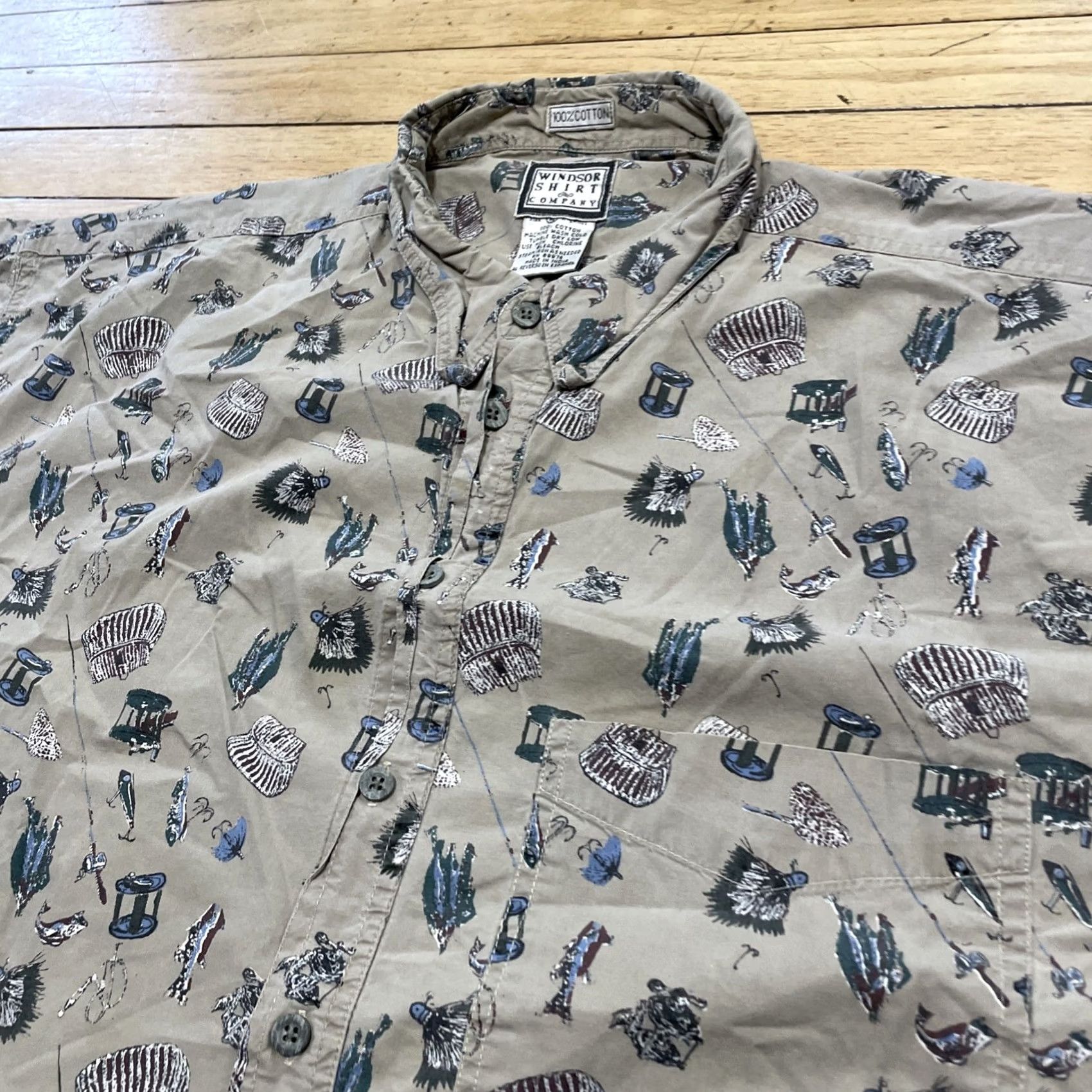 Vintage Windsor Shirt Company vtg 90s Graphic Button Shirt Men XL Fly fishing Reels Tack Print Shirt Size US XL / EU 56 / 4 - 4 Thumbnail