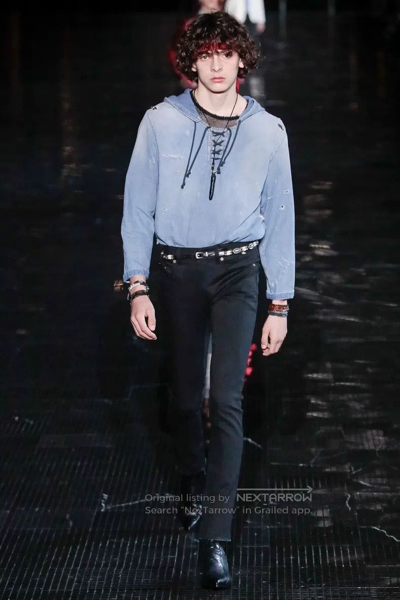 Saint Laurent Paris Saint Laurent Paris Destroyed Denim Hooded Sweatshirt Size US XS / EU 42 / 0 - 9 Thumbnail