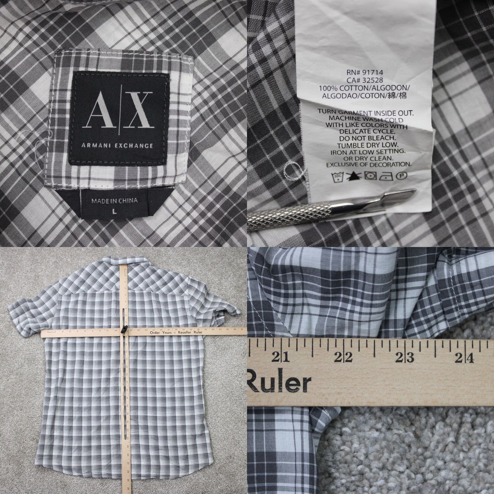 Armani Exchange A/X Armani Exchange Shirt Mens Large Gray/White 100% Cotton Short Sleeve Button-Up Plaid, Regular Fit, Casual Crew Neck? Size US L / EU 52-54 / 3 - 8 Thumbnail