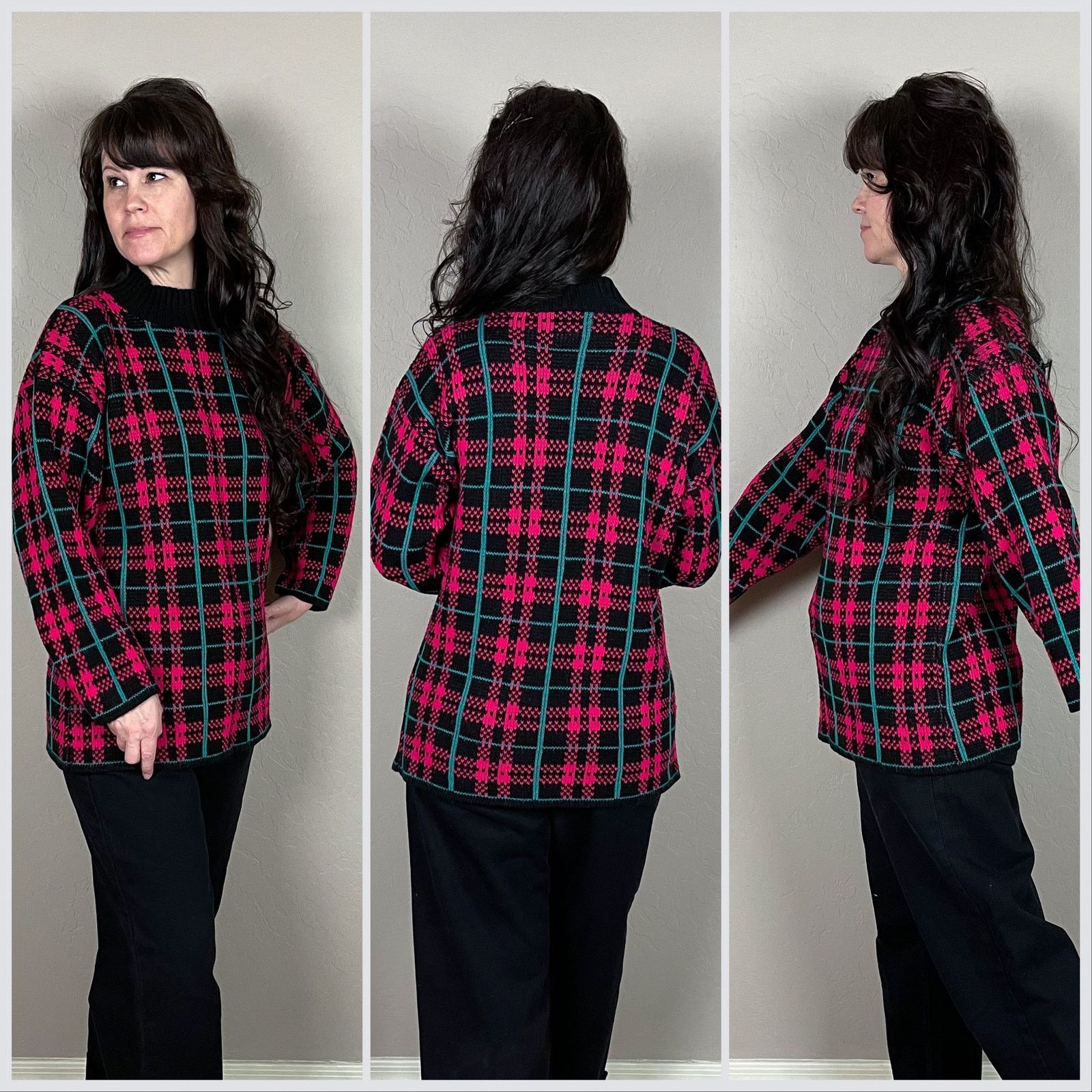 Vintage 1980s Hot Pink and Black Plaid Mock Neck Tunic Sweater Size M / US 6-8 / IT 42-44 - 2 Thumbnail