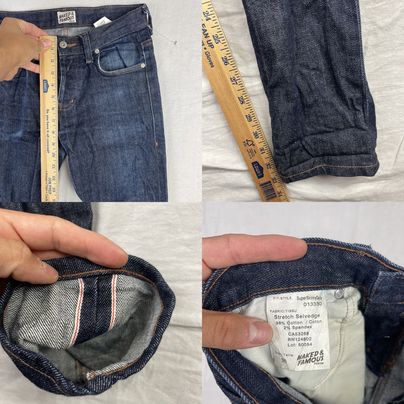 Vintage Naked & Famous Jeans Mens 30 Fits 29x34 Super Skinny Stretch Selvedge Indigo Denim Jeans Slim Men 5-Pocket Logo Button Size US 29 - 8 Thumbnail