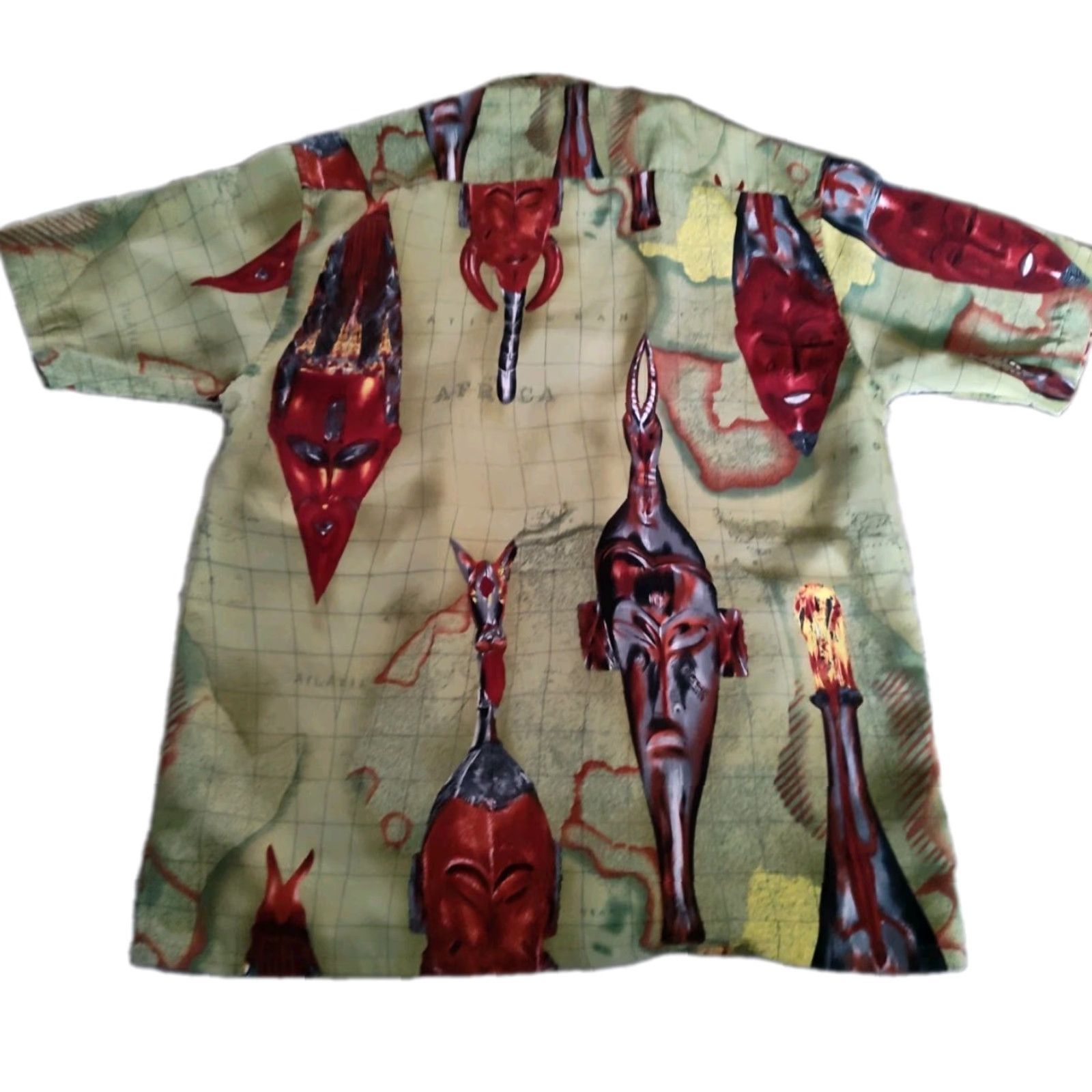 Vintage Box Office Islands Hawaiian Shirt Men Oversize S Green Red World Map Tribal Mask Shirt Size US S / EU 44-46 / 1 - 2 Thumbnail