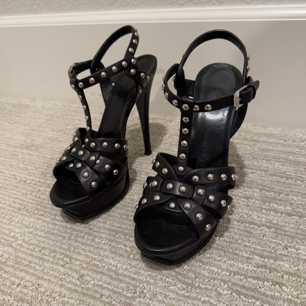 Saint Laurent Black Leather Studded Tribute Platform Sandals