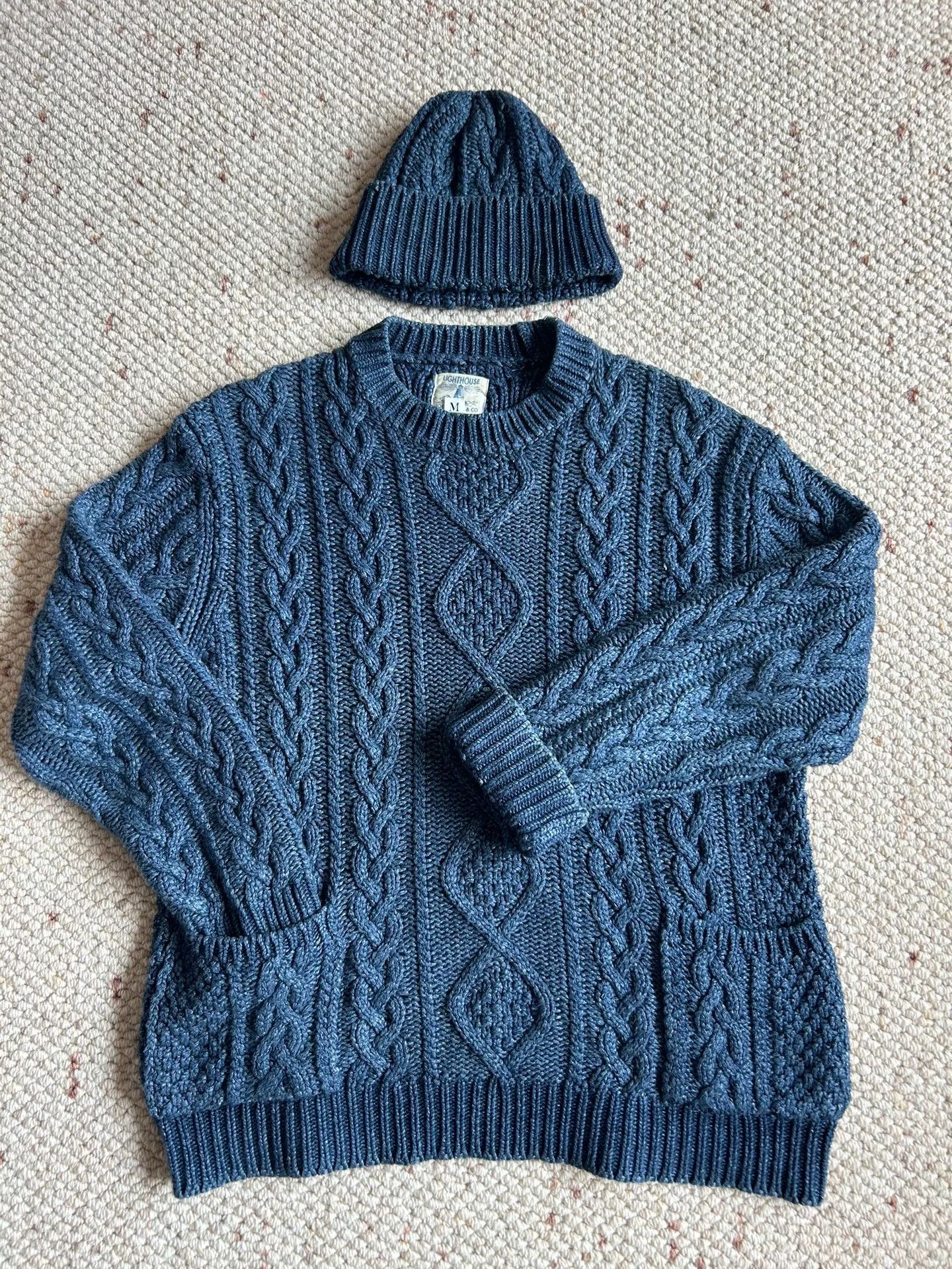 indigo aran crewneck sweater and hat set