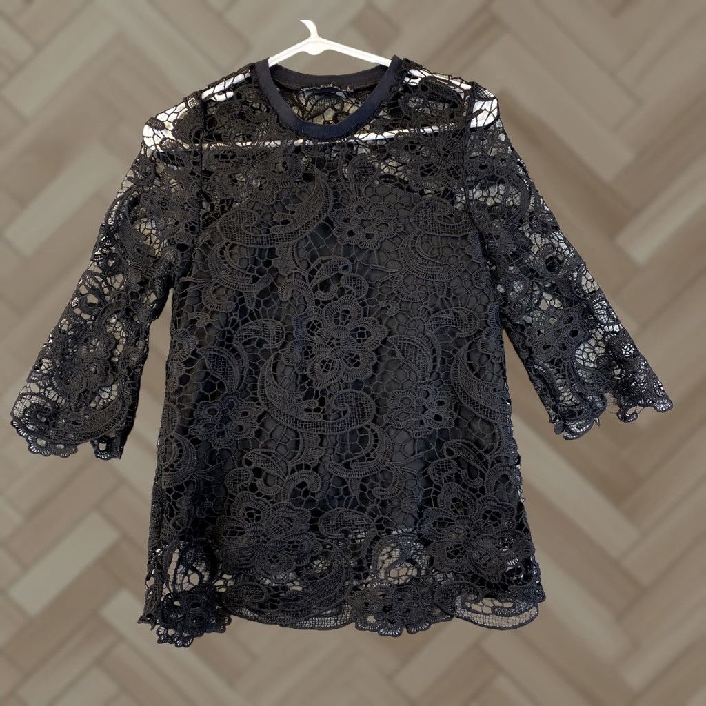 Zara Zara Blouse Shirt Womens S Black Lace Short Sleeve V-Neck Breathable Casual Bohemian Festival Spring Summer Regular Kirk Size S / US 4 / IT 40 - 1 Thumbnail