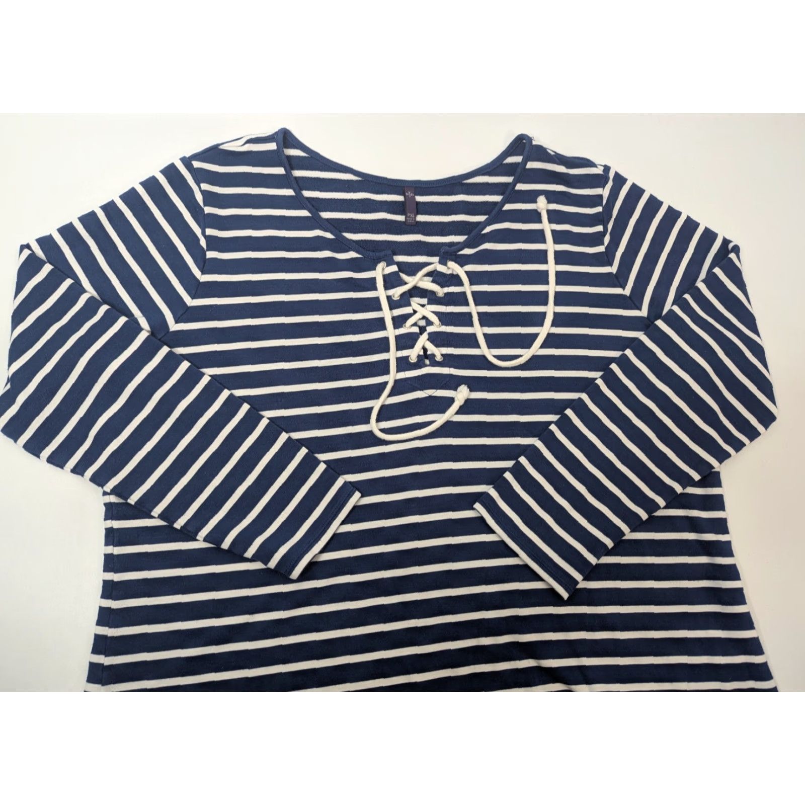 NYDJ NYDJ Shirt Women PXL Navy Striped Lace Up Long Sleeve V-Neck T-Shirt - Blue, Polyester Viscose Elastine Knit, Soft, Stretch, Unlined, Relaxed Fit Size XL / US 12-14 / IT 48-50 - 2 Thumbnail