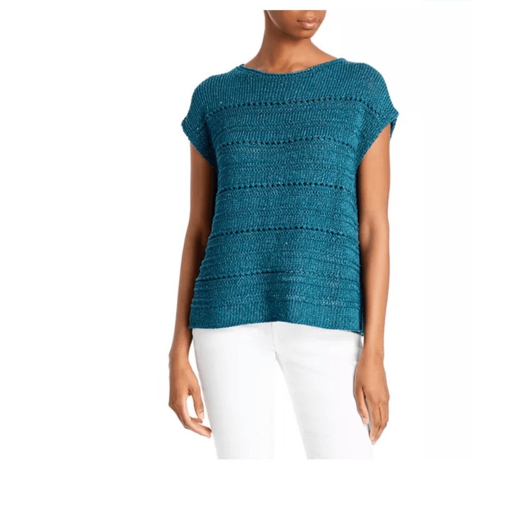 Lafayette 148 Lafayette148 SilkCotton Teal Open Stitch Micro Paillette Top Size XS / US 0-2 / IT 36-38 - 1 Thumbnail