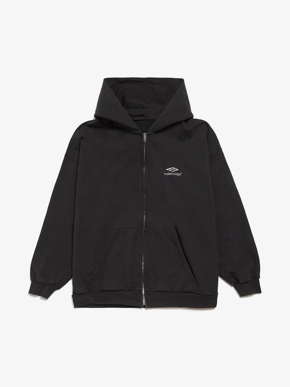 Black Logo Embroidered Cotton Zipped Hoodie