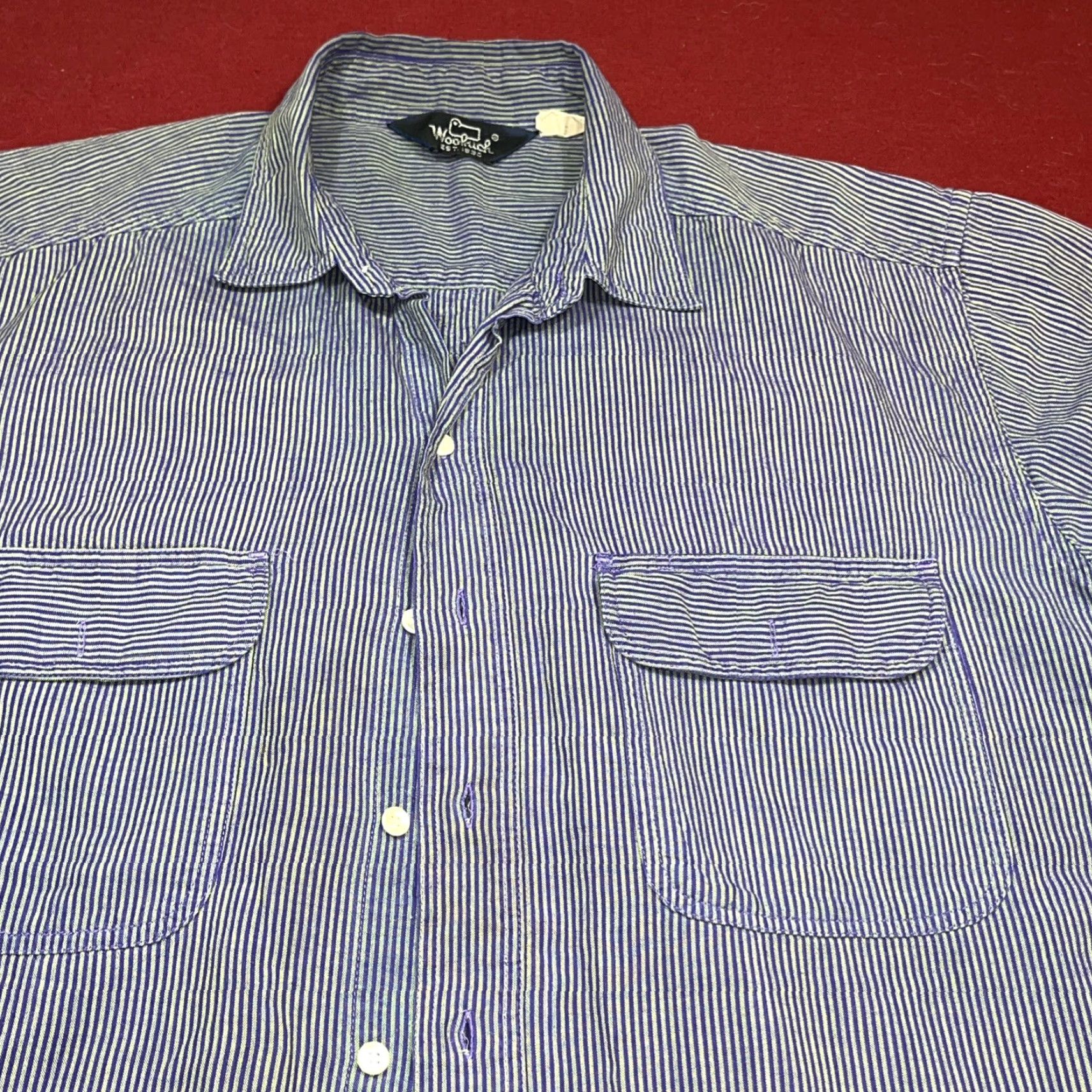 Vintage VINTAGE Woolrich 90s Shirt Blue Lime Striped Button-Front Short Sleeves Men’s XL Shirt Size US XL / EU 56 / 4 - 6 Thumbnail
