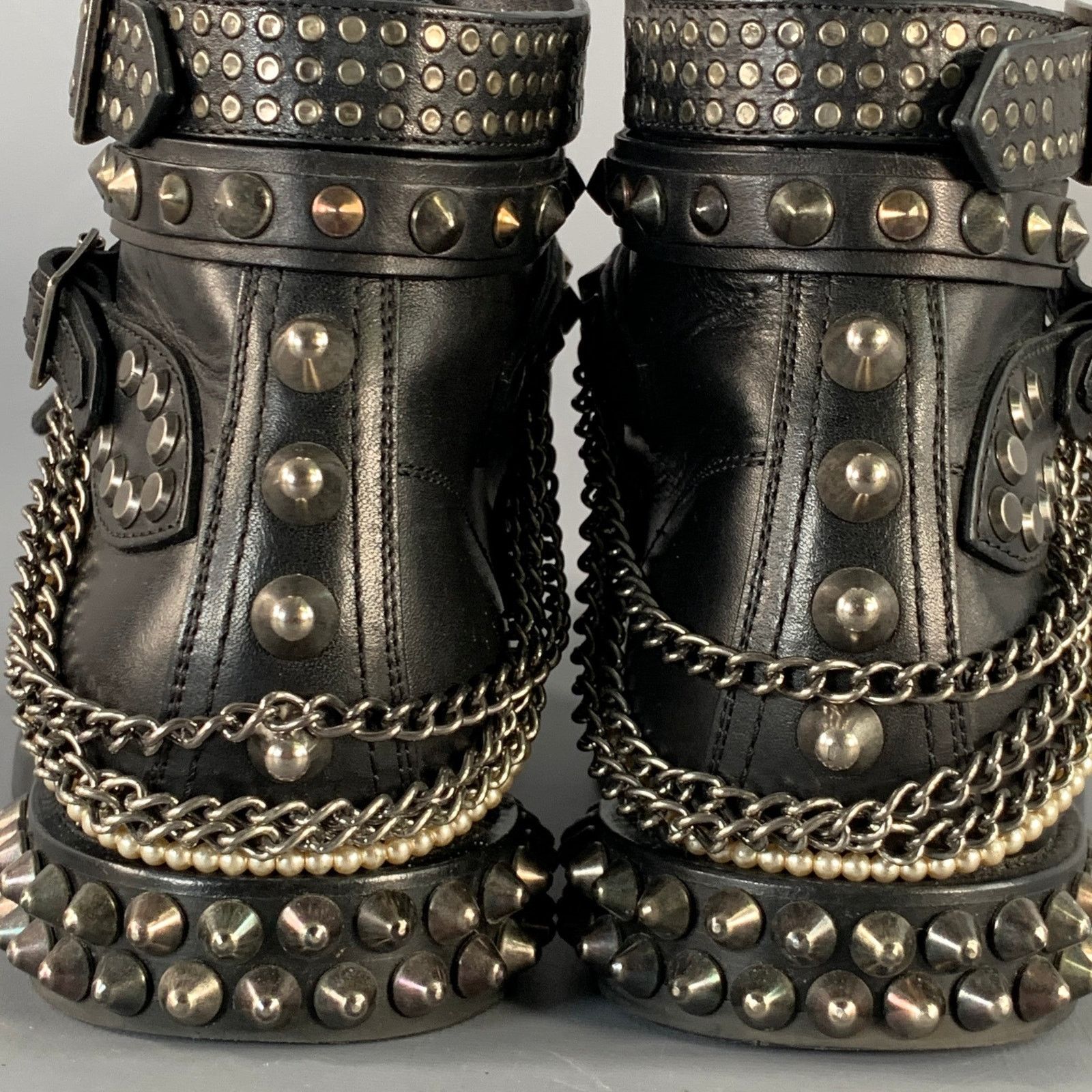 Saint Laurent Paris SAINT LAURENT Black Studded Leather Lace-Up Belted Boots Size US 6.5 / IT 36.5 - 4 Thumbnail