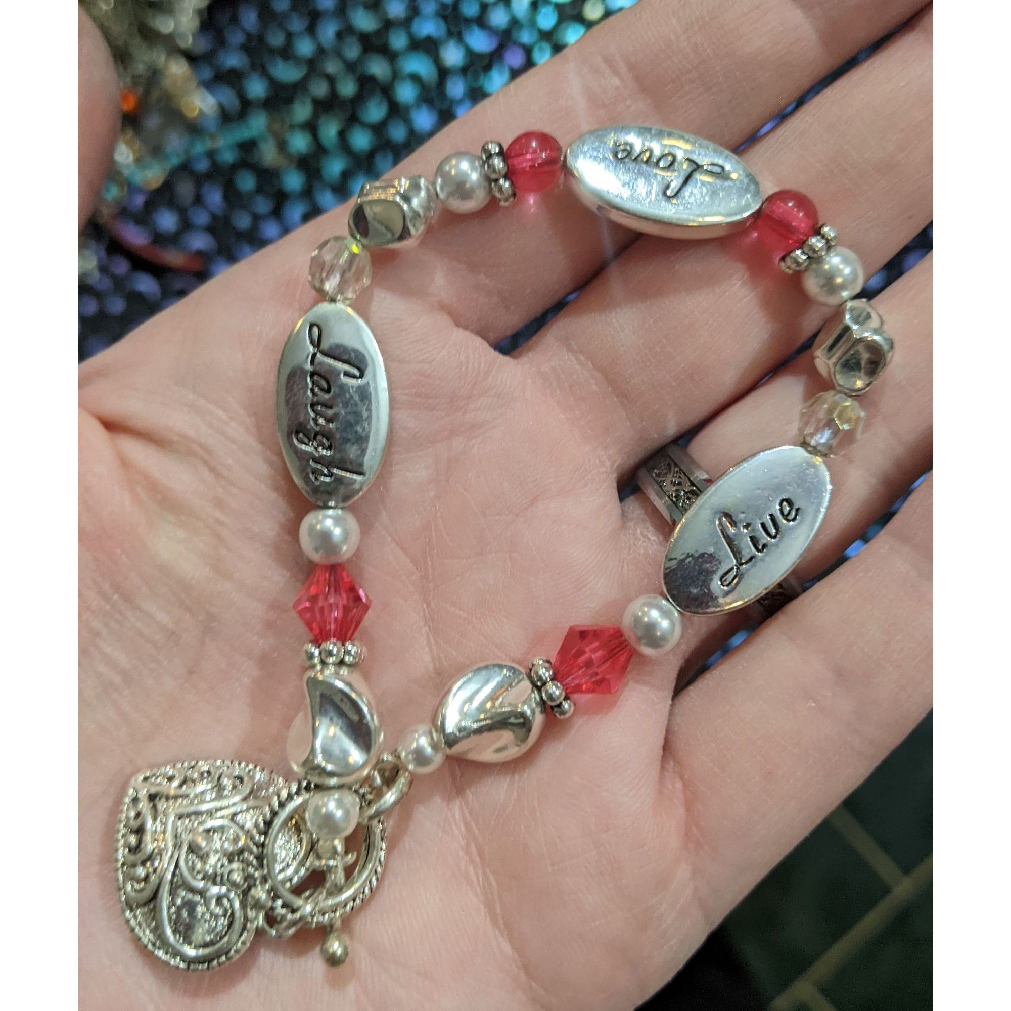 Other Silver Live Laugh Love Heart Beaded Bracelet Size ONE SIZE - 2 Thumbnail