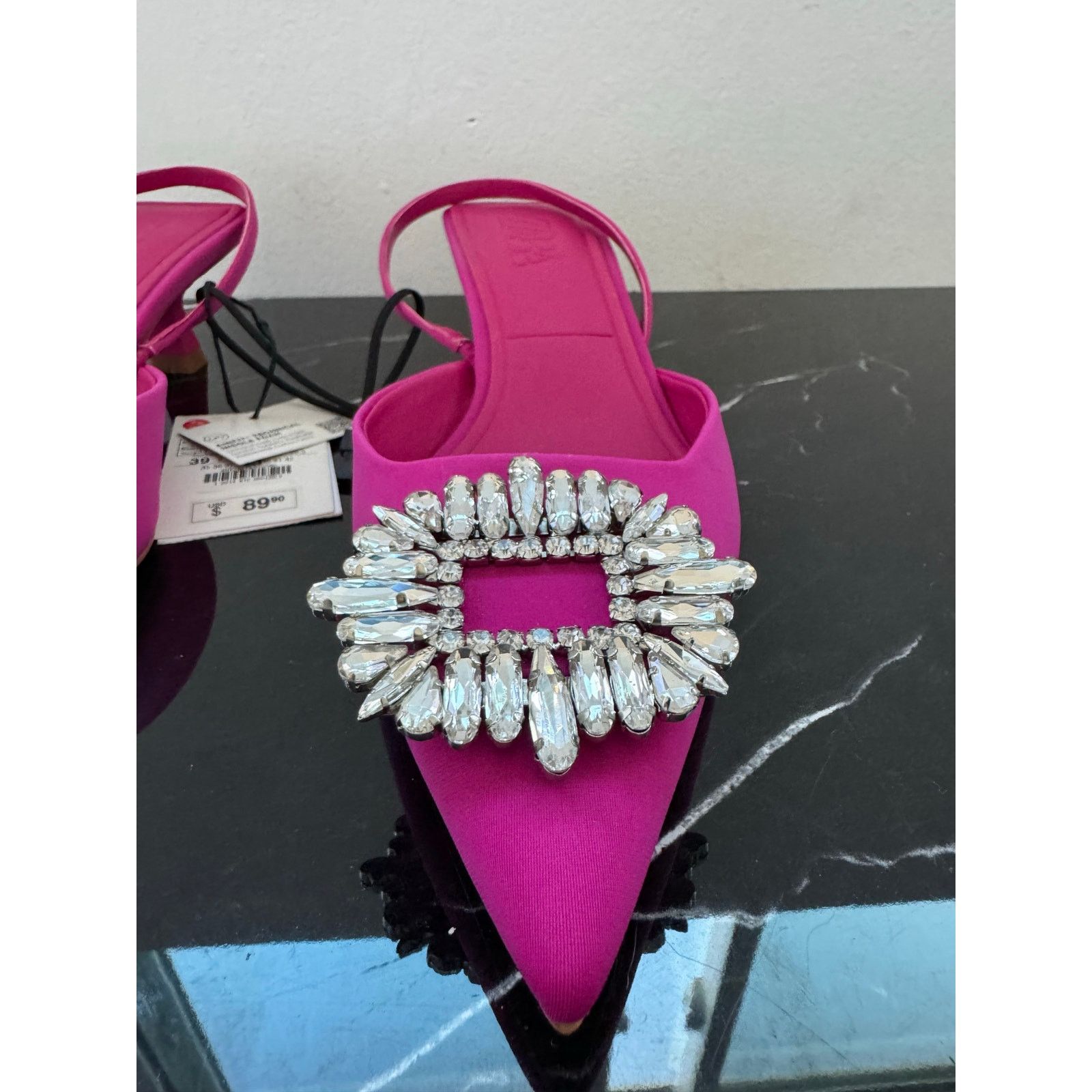 Zara Zara Hot Pink Rhinestone Pointed Toe Slingback Kitten Heel Size US 9 / IT 39 - 5 Thumbnail