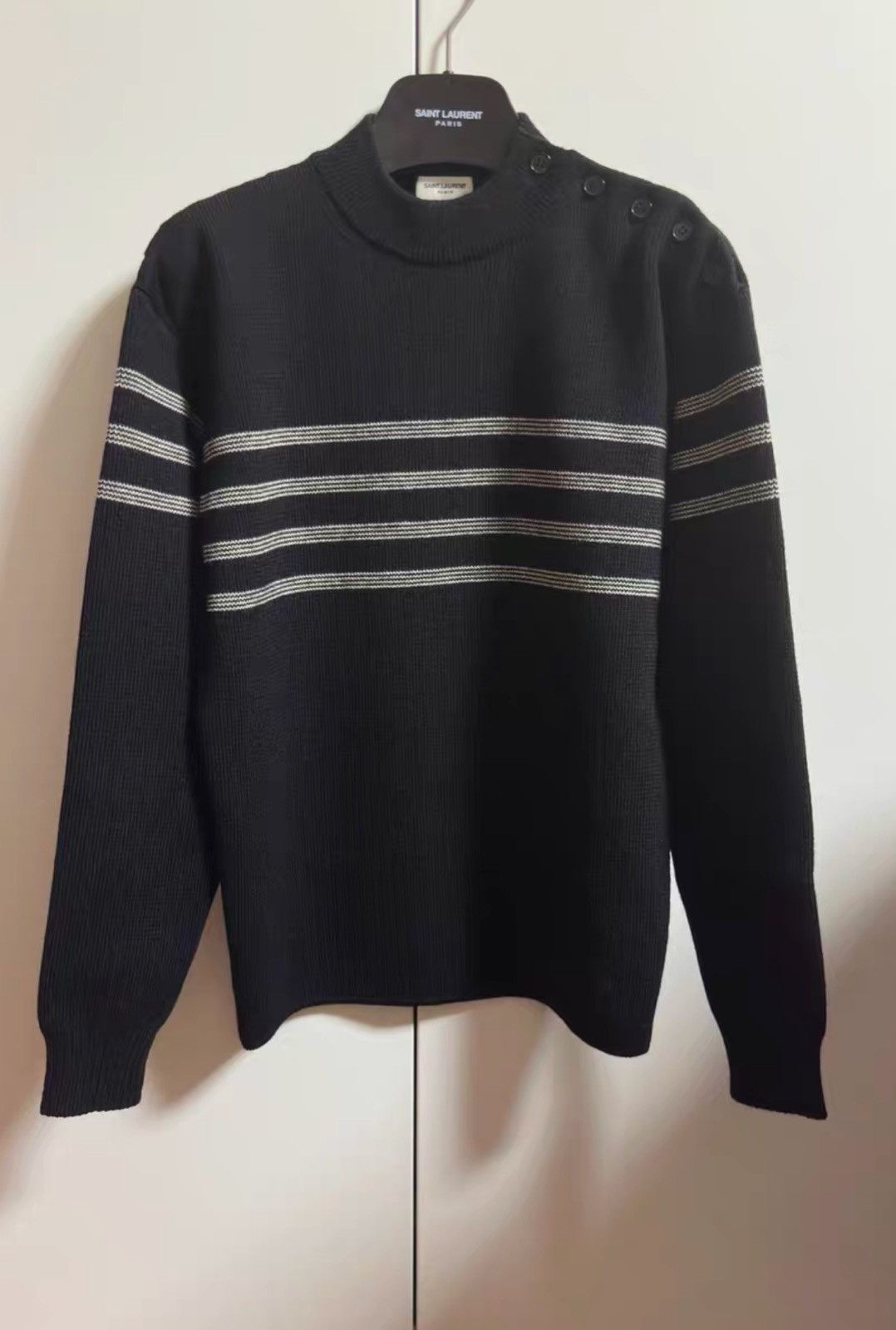 Saint Laurent Paris Saint Laurent 2016FW Black Striped Shoulder Button Wool Knit Size US S / EU 44-46 / 1 - 1 Thumbnail