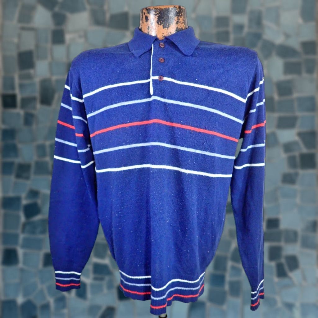 Vintage VINTAGE Mervyns Loop Collar Polo Shirt Mens M Long Sleeve Striped Knit Blue Red White 70s Retro Size US M / EU 48-50 / 2 - 1 Thumbnail