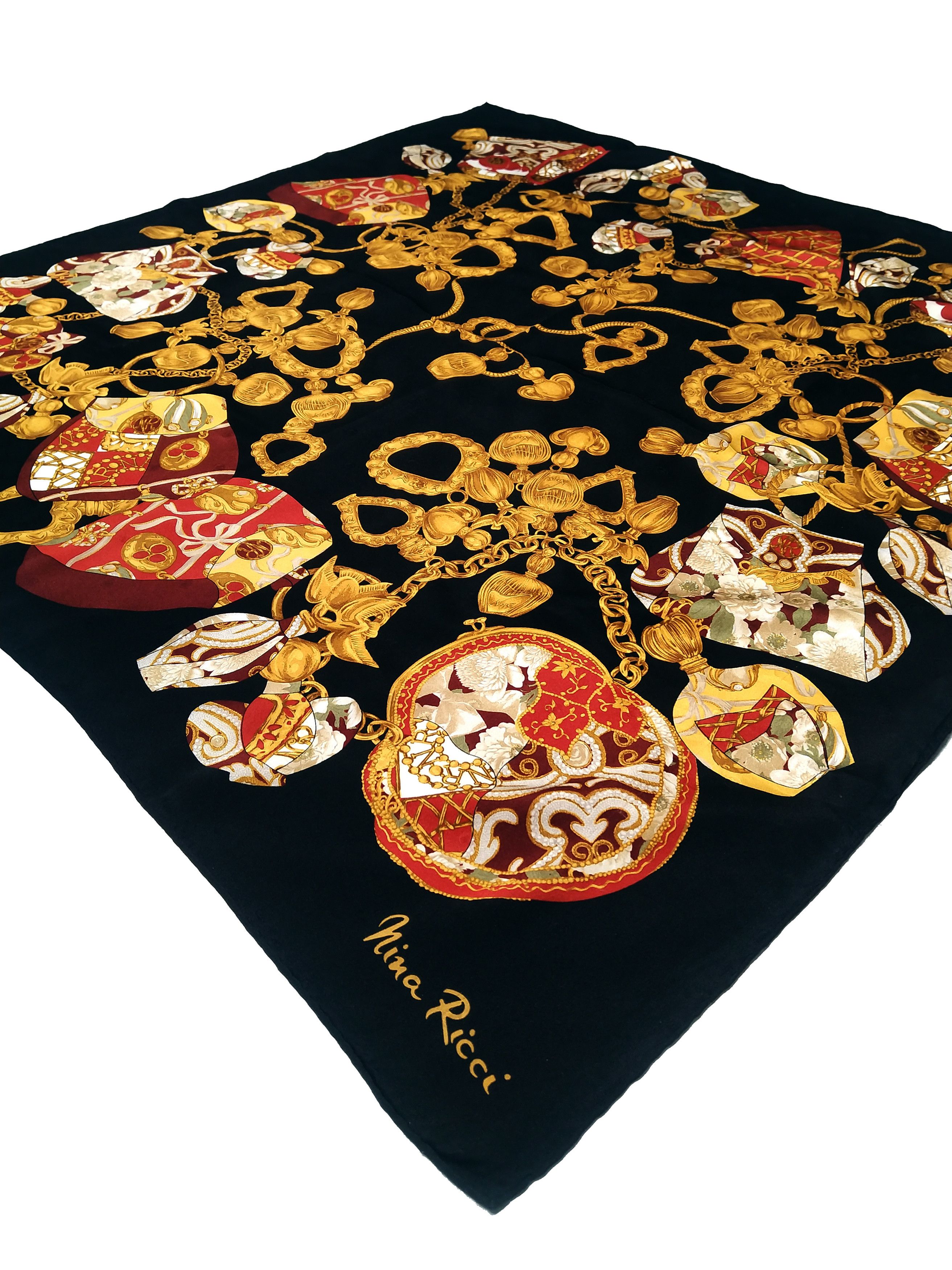 Nina Ricci Vintage 80s Nina Ricci black-gold big silk scarf shawl Size ONE SIZE - 1 Thumbnail