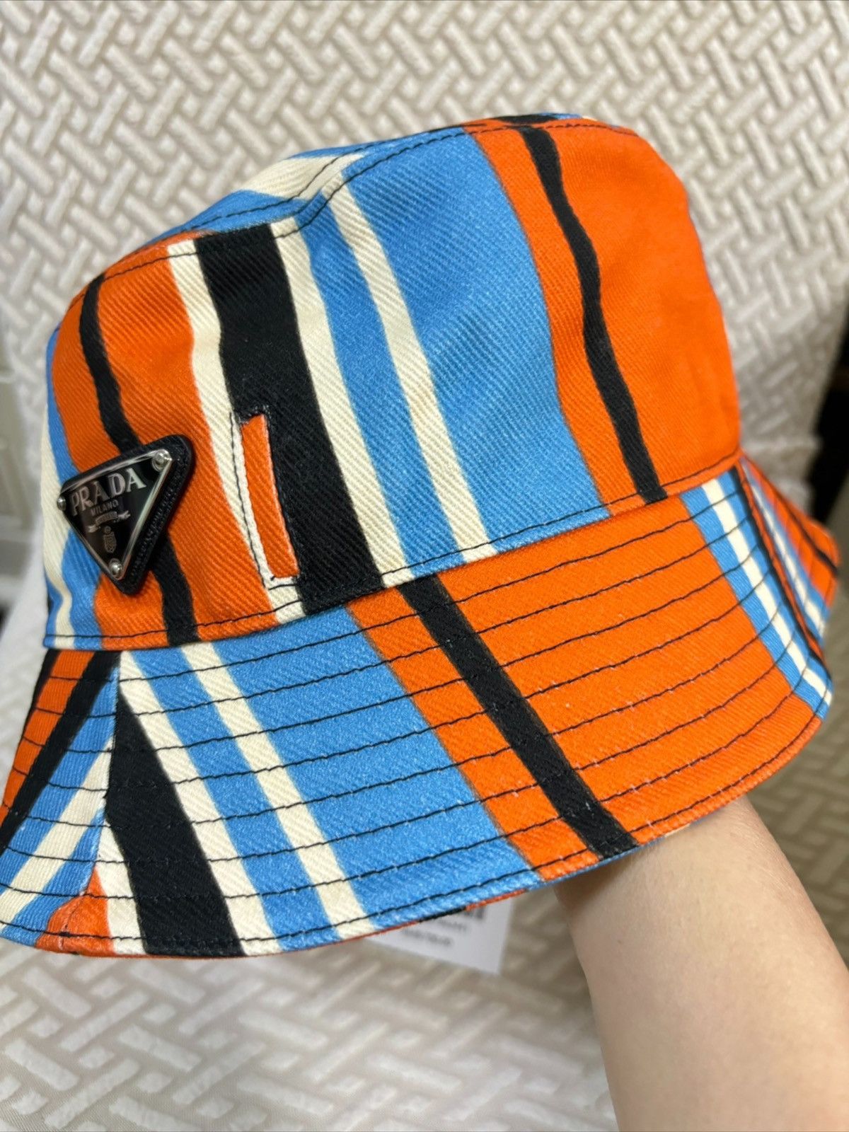 Prada Triangle Logo Striped Bucket Hat Size ONE SIZE - 3 Thumbnail