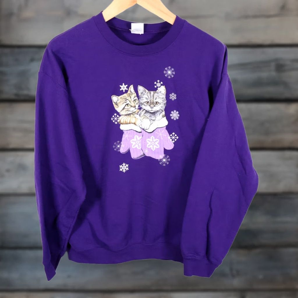 Gildan Gilden Kittens Sweatshirt Adult Large Purple Crewneck Mittens Snowflake Cats Girls Size L / US 10 / IT 46 - 1 Thumbnail