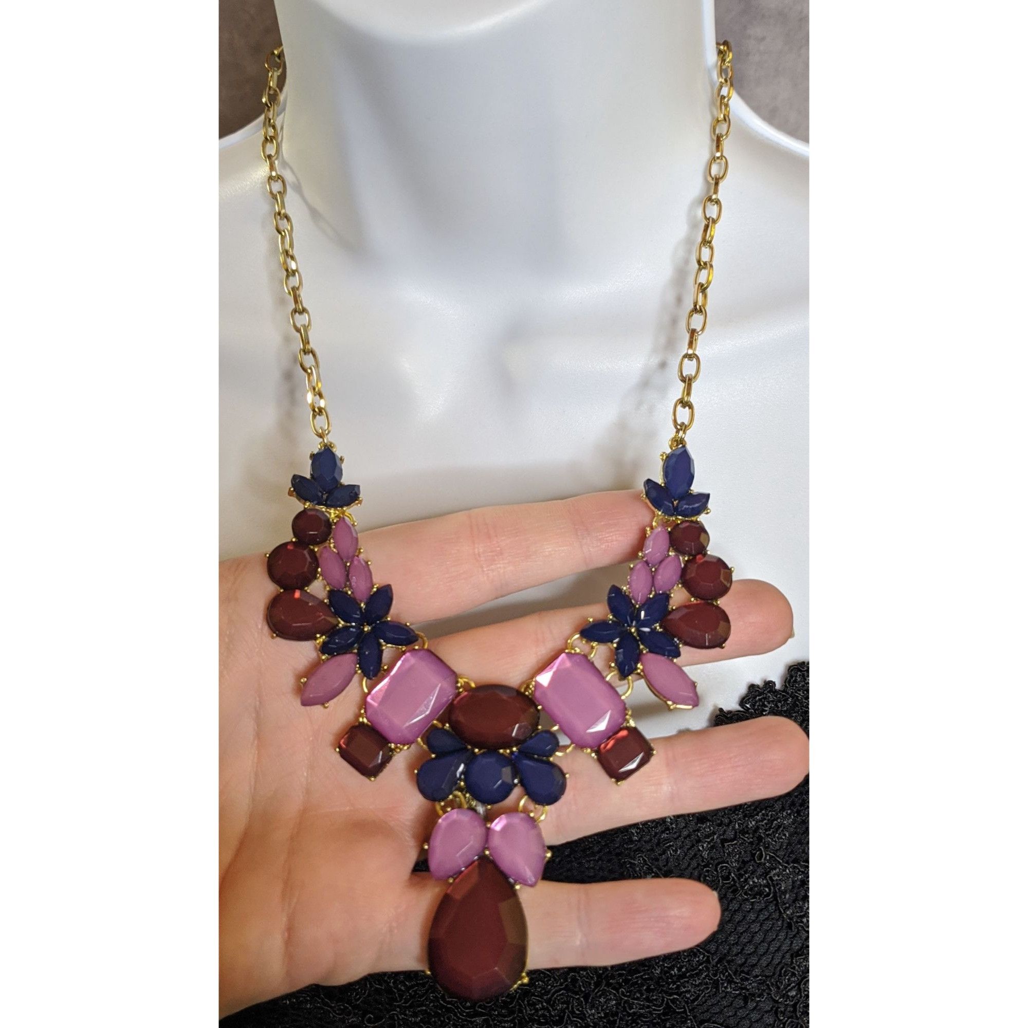 Other Floral Jewel Tone Statement Necklace With Red Pink & Navy Ge Size ONE SIZE - 3 Thumbnail