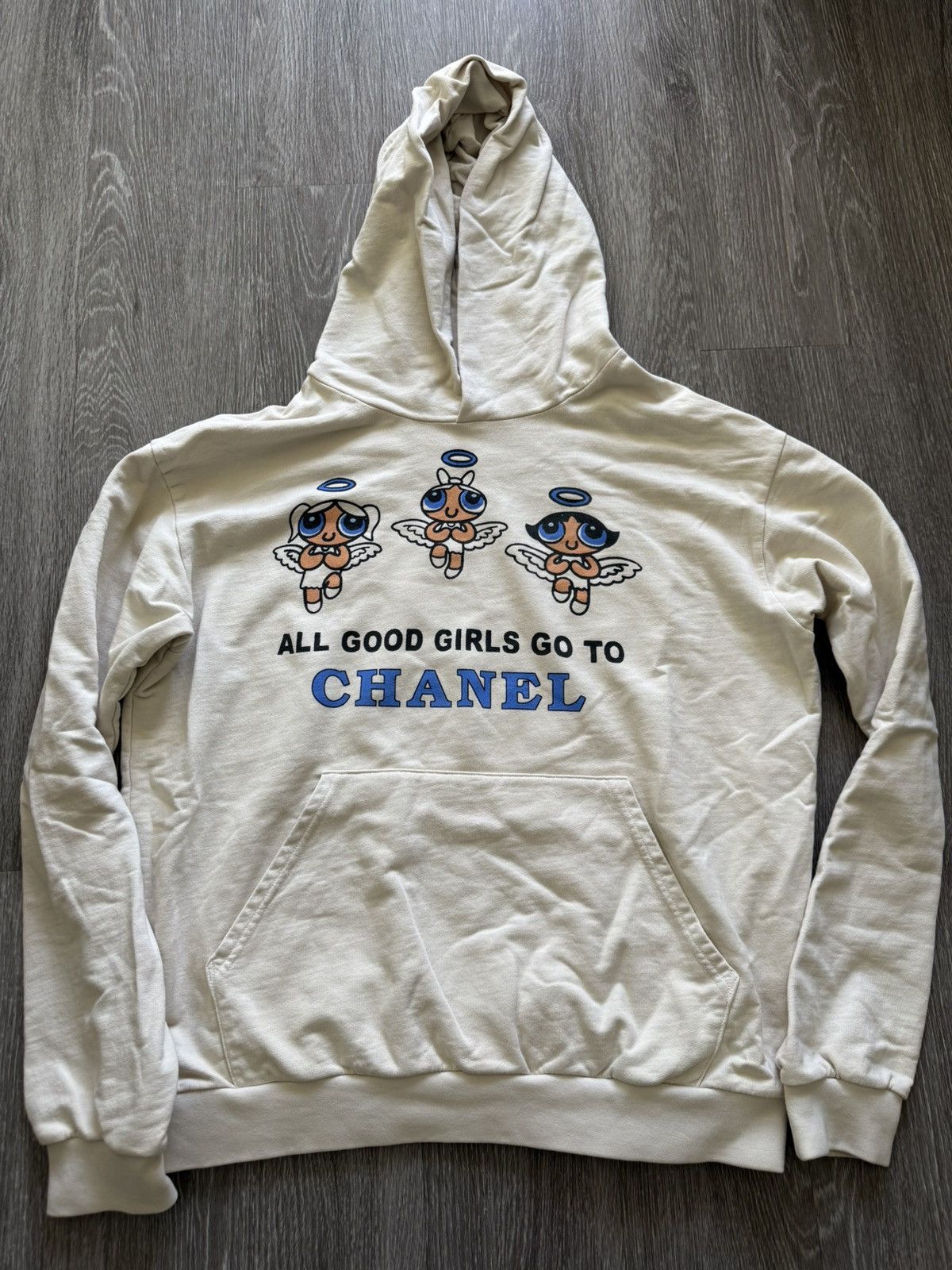 mega yacht “all good girls go to chanel” cream hoodie