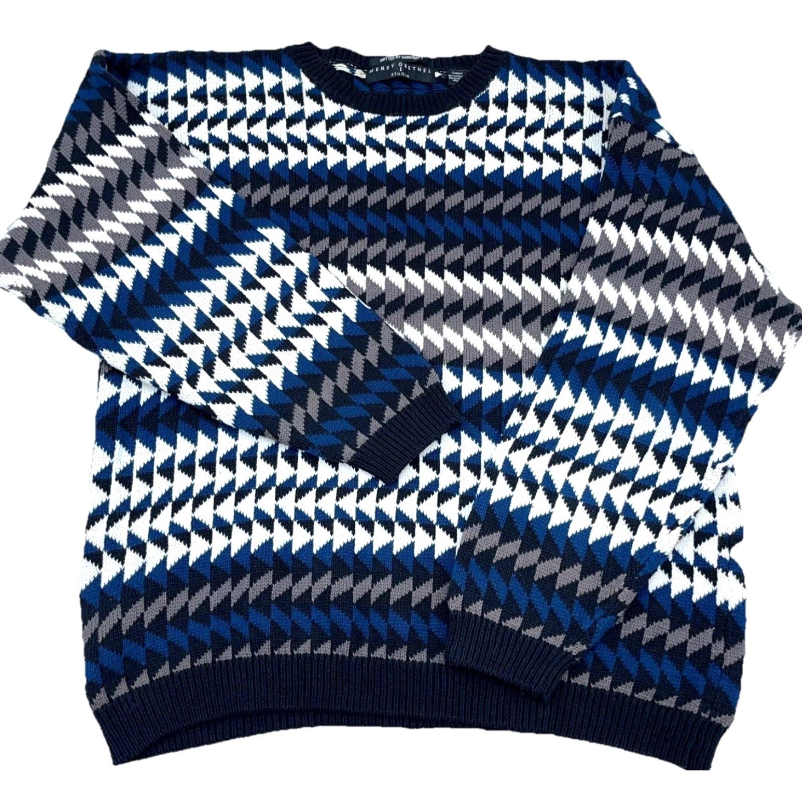 Vintage VINTAGE Henrey Grethel Sweater Men's L Blue Geometric Knit Crew Neck Pullover Logo Embroidered All Seasons Heavyweight Classic American (Adult) Mens Size US L / EU 52-54 / 3 - 2 Thumbnail