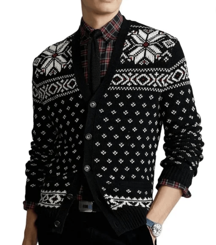 image of Polo Ralph Laurent Cashmere Blend Snowflake Cardigan ( S ) in Black, Men's (Size Small)