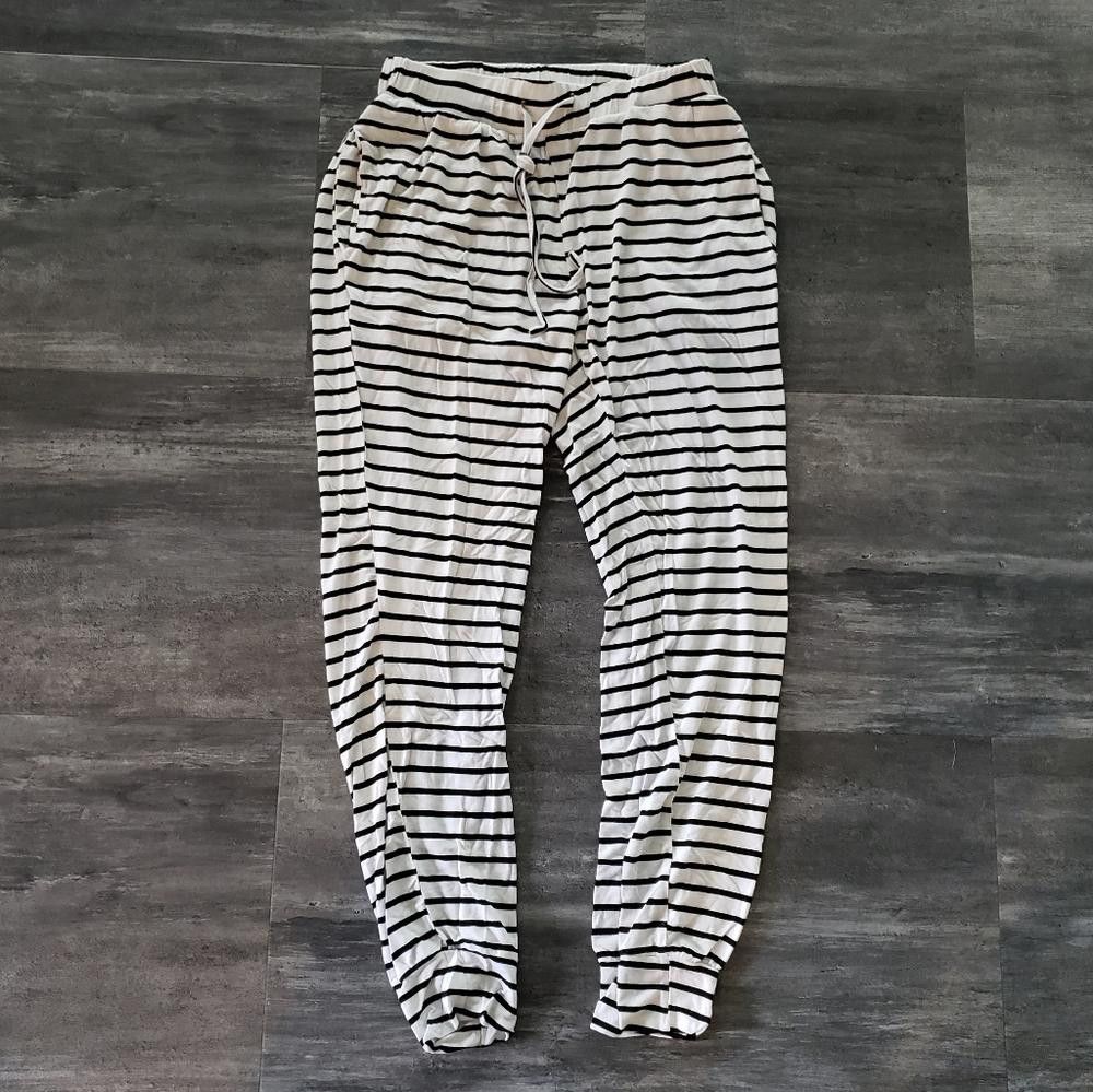 Designer White Black Striped High Waisted Banded Sweats Size 28" / US 6 / IT 42 - 1 Thumbnail
