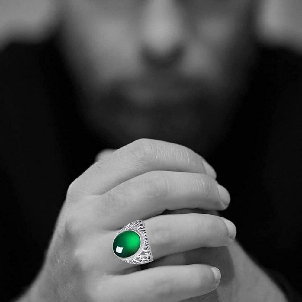 Designer Men's 925 Sterling Silver Green Resin Hollow Open Ring Size ONE SIZE - 7 Thumbnail