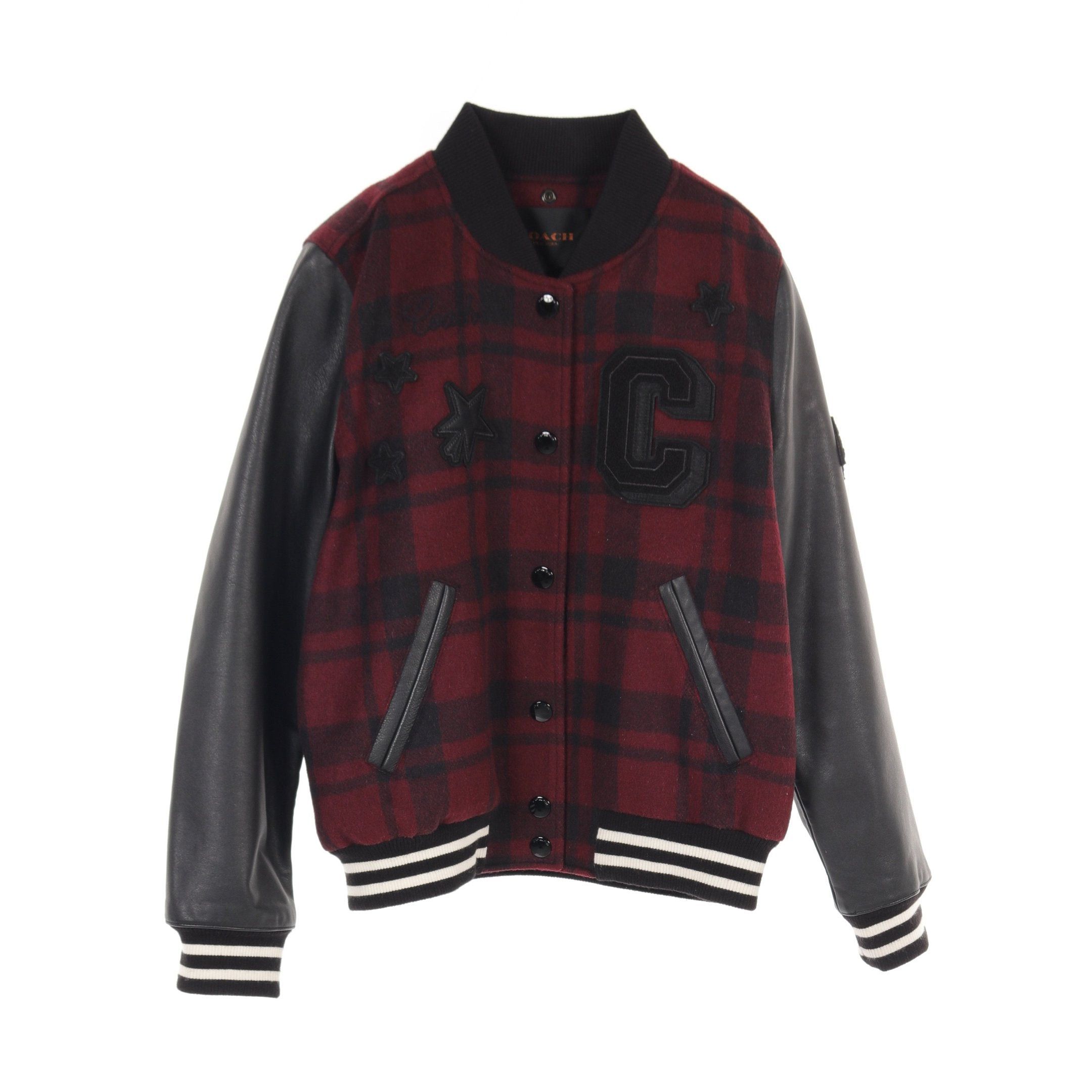 Coach Coach Stadium Jacket Check Wool Leather Bordeaux Black Size ONE SIZE - 1 Thumbnail