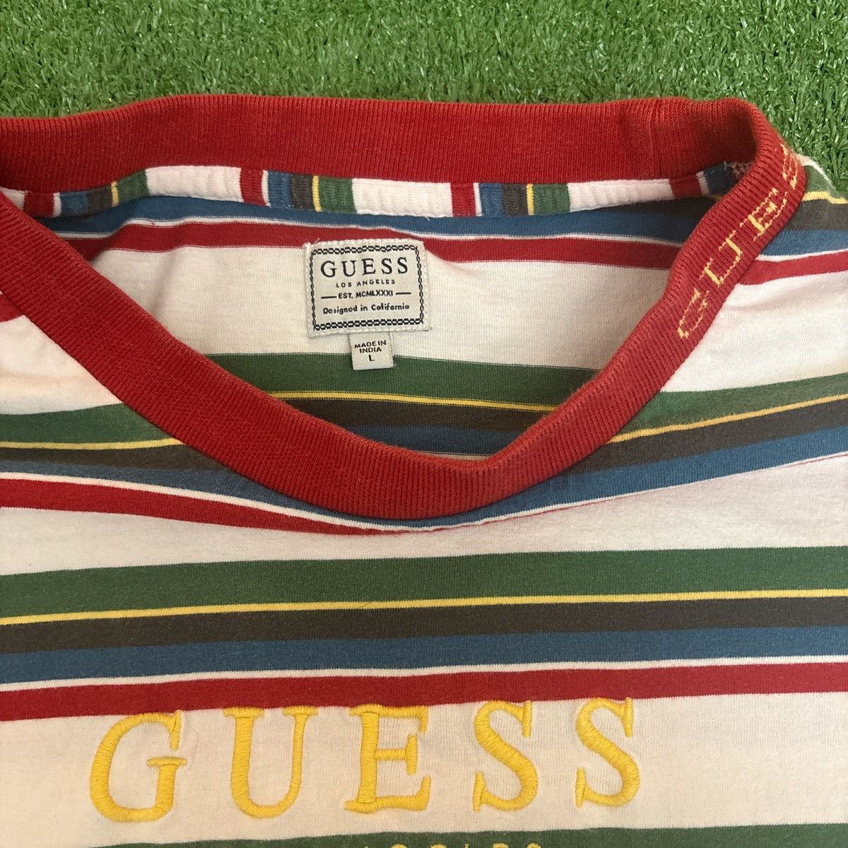 Guess White Embroidered Guess Los Angeles Striped Tee Size US L / EU 52-54 / 3 - 3 Thumbnail