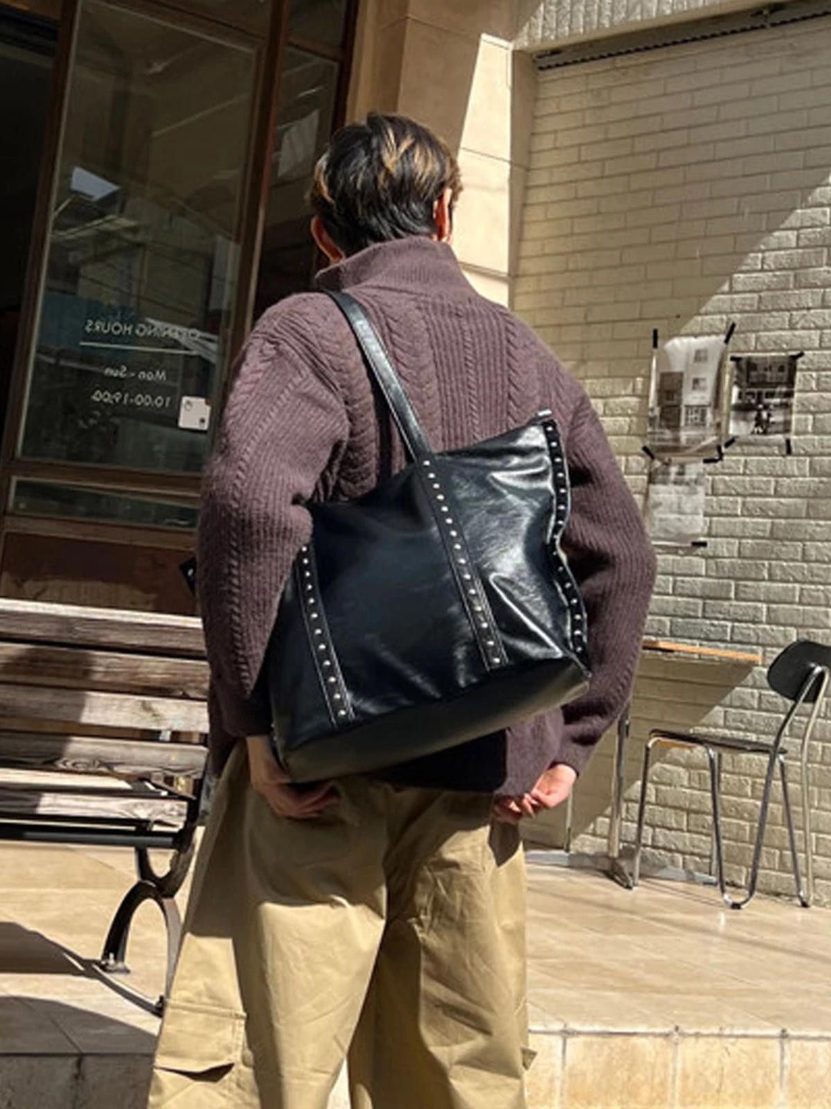 Leather Black Studded Faux Leather Tote Bag, Large Shoulder Bag Size ONE SIZE - 3 Thumbnail