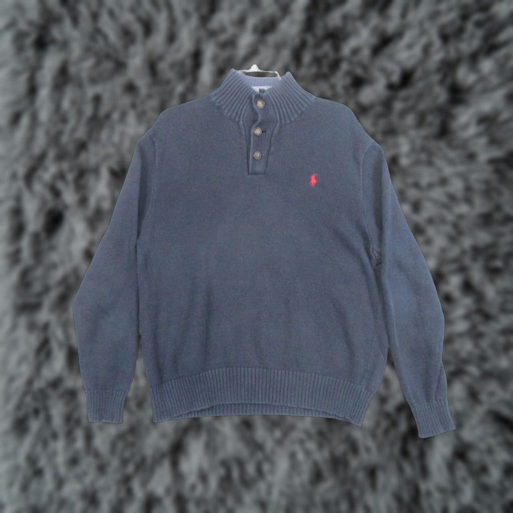 Polo Ralph Lauren Polo Ralph Lauren Sweater Mens Large Blue Henley Mock Neck Cotton Knit Pony Logo Size US L / EU 52-54 / 3 - 1 Thumbnail