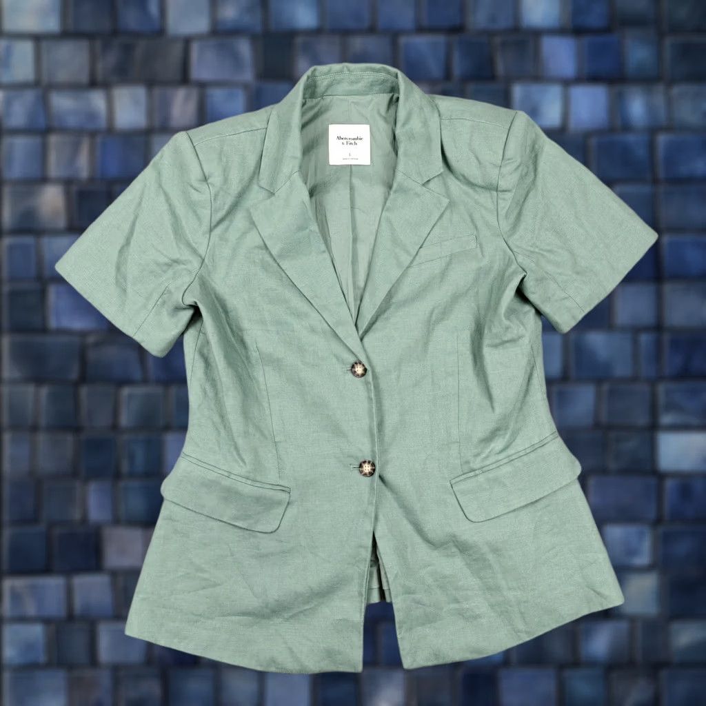 Abercrombie & Fitch Abercrombie & Fitch Blazer Womens L Green Linen Short Sleeve Two-Button Jacket Size 36" / US 14 / IT 50 - 1 Thumbnail