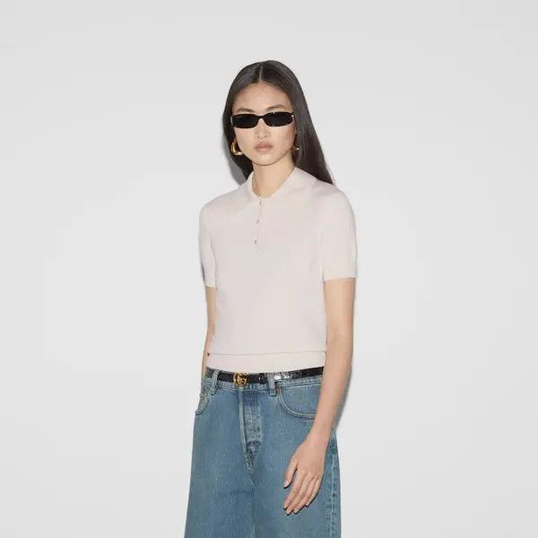 Gucci o1la5ras0526 Wool Silk Polo Top in Ivory Size XS / US 0-2 / IT 36-38 - 3 Thumbnail