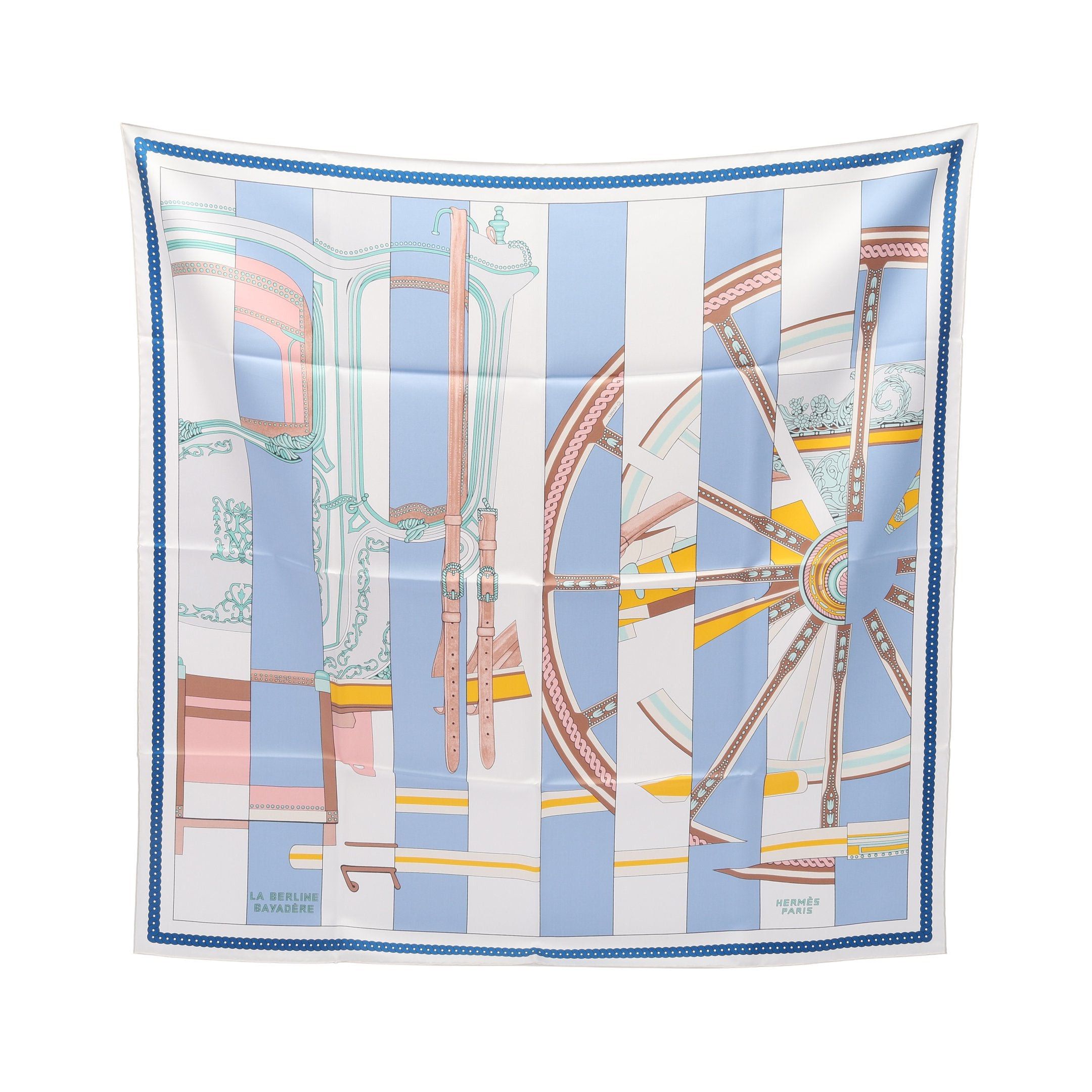 Hermes Hermes Carres 90 La Berline Bayadere Scarf Silk White Light Blue Multicolor Size ONE SIZE - 1 Thumbnail