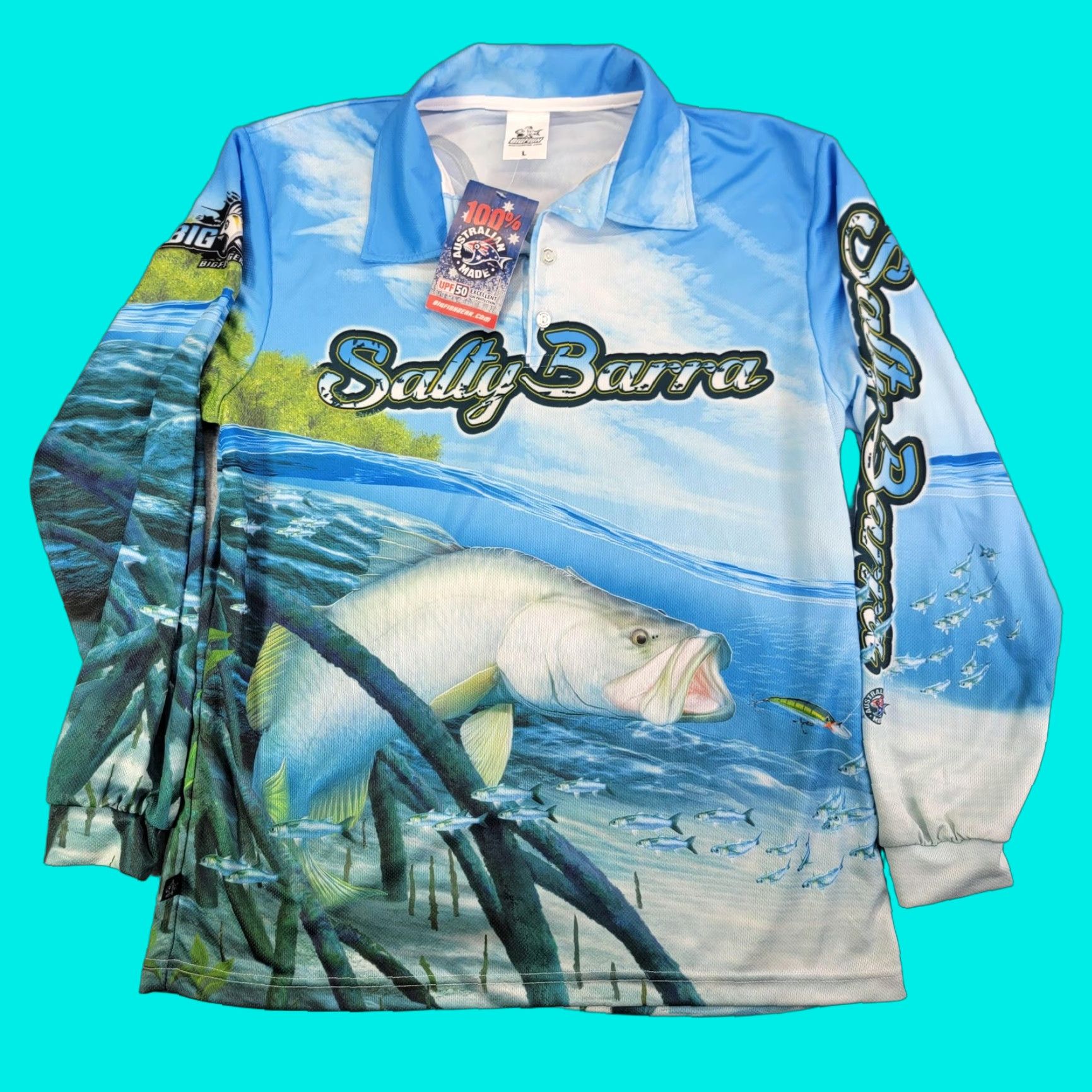 Vintage BIGFISH Polo Shirt Mens L Blue Salty Barra Graphic Print Long Sleeve Fishing Microfiber 100% Polyester UV Moisture Wicking Sail NZ? Size US L / EU 52-54 / 3 - 1 Thumbnail