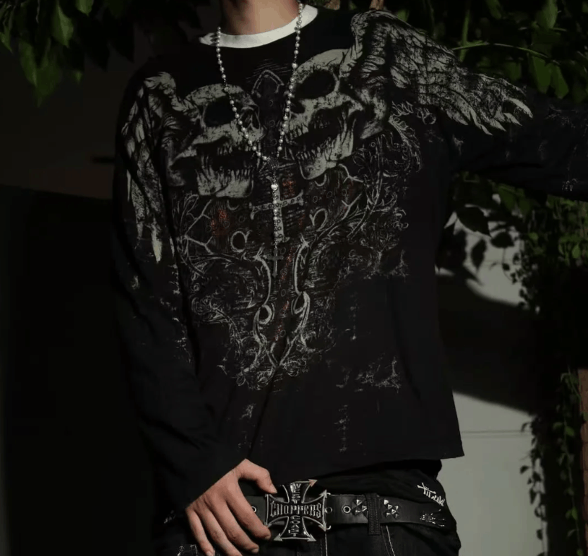 Japanese Brand Y2K New Vintage Gothic Skull Wing Printed Long Sleeve Size US M / EU 48-50 / 2 - 1 Thumbnail