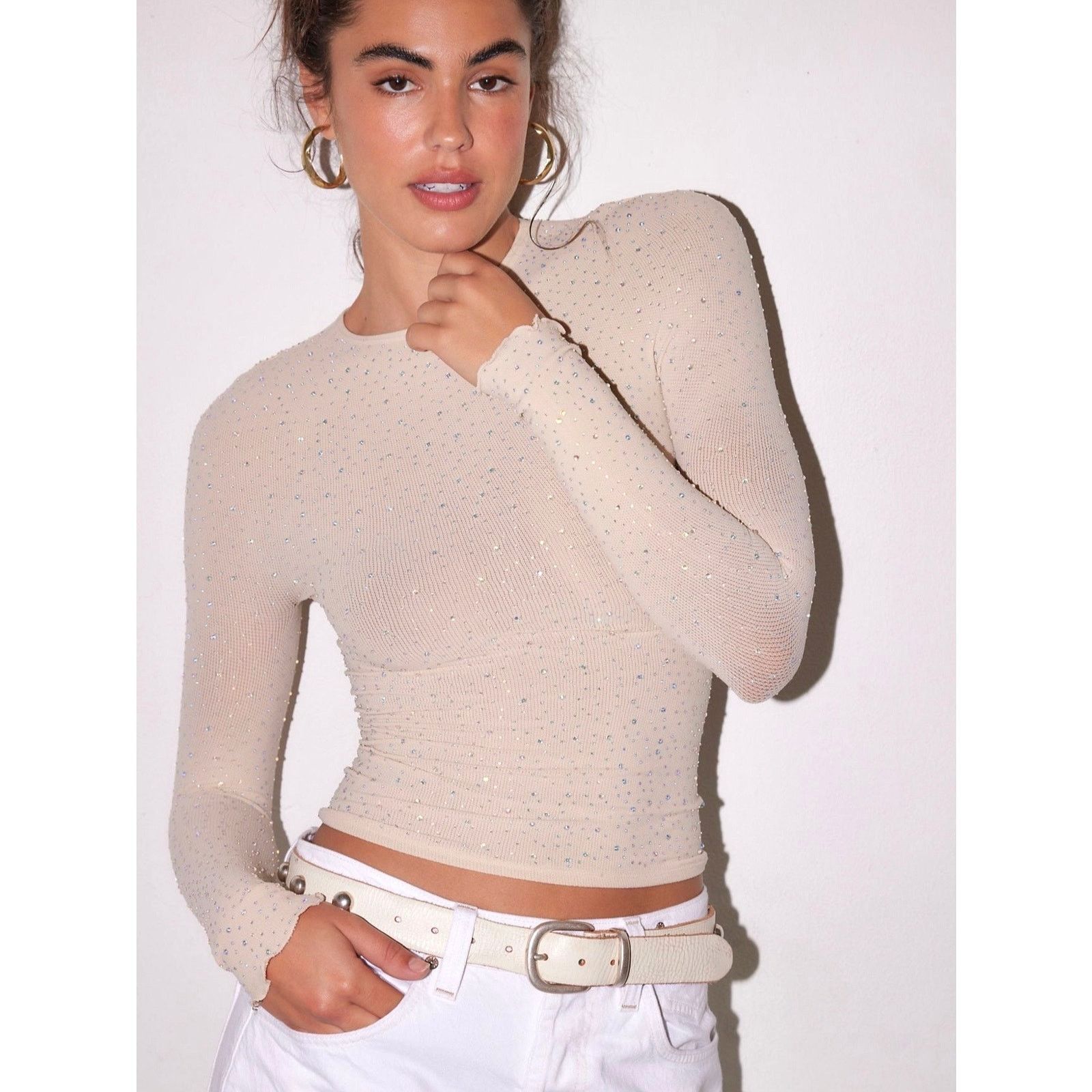 Free People Free People Night Sky Long Sleeve Sparkly Top Nude M/L Size M / US 6-8 / IT 42-44 - 2 Thumbnail