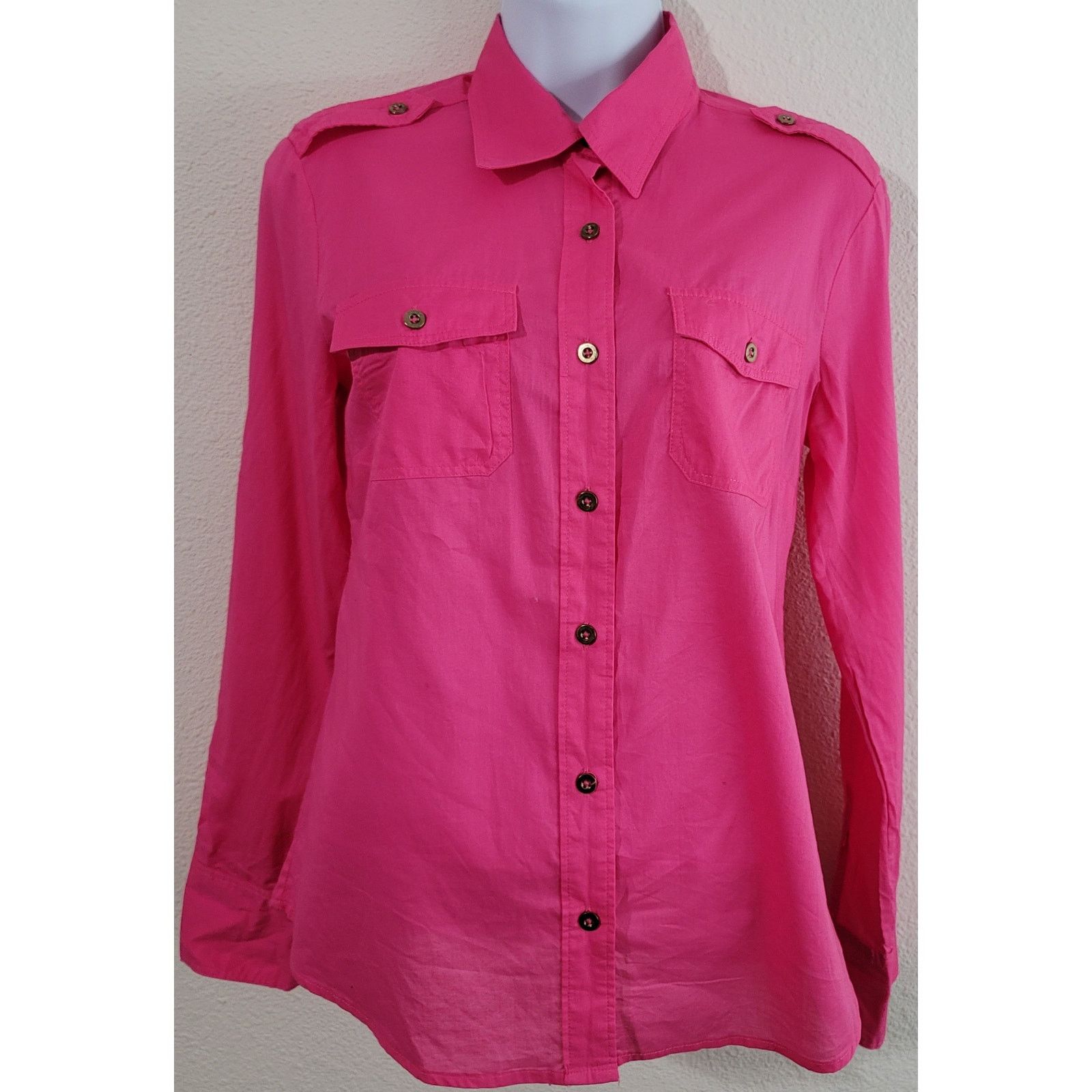 Banana Republic Banana Republic Hot Pink Button Up Top Small Roll Tab Sleeve Size S / US 4 / IT 40 - 1 Thumbnail