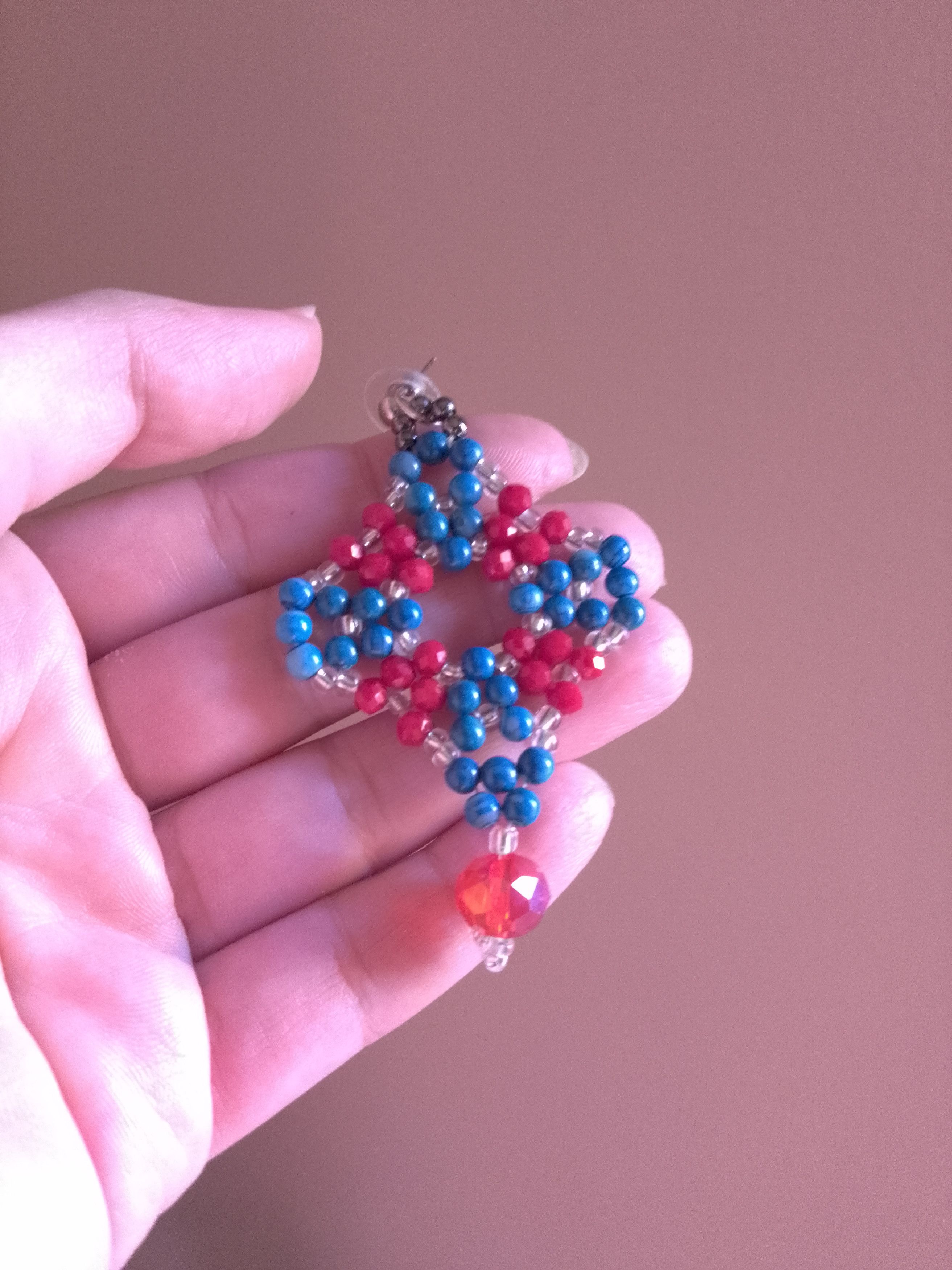 Handmade Earrings Blue Pearls Red Crystals Embroidered Handmade Size ONE SIZE - 2 Thumbnail