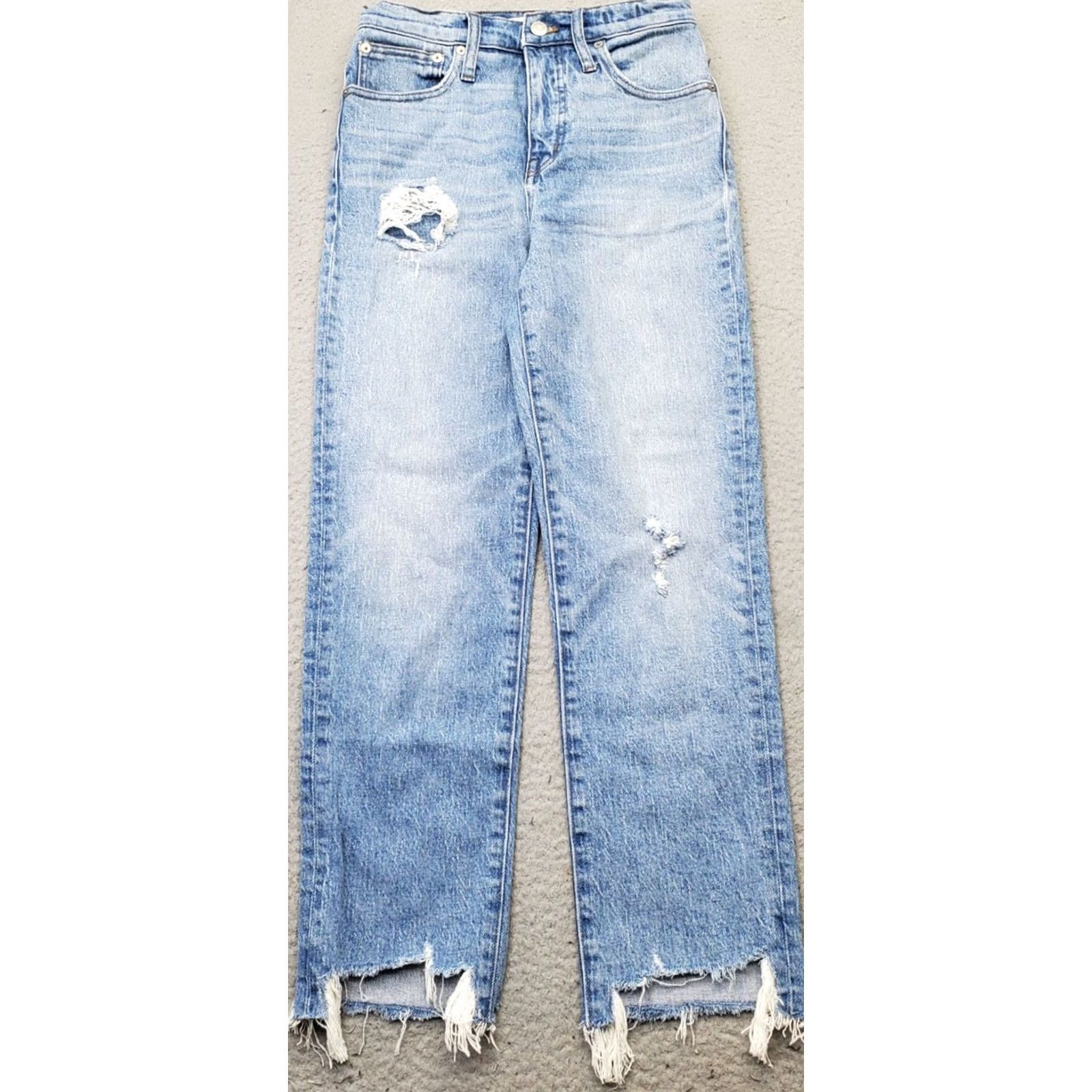 Madewell Madewell Women's Jeans, 24, Blue Denim, Straight, Classic Fit, Distressed, Faded, Raw Hem, 5-Pocket, Cotton Denim, Button Closure, Vintage No Size 42" / US 20 - 2 Thumbnail